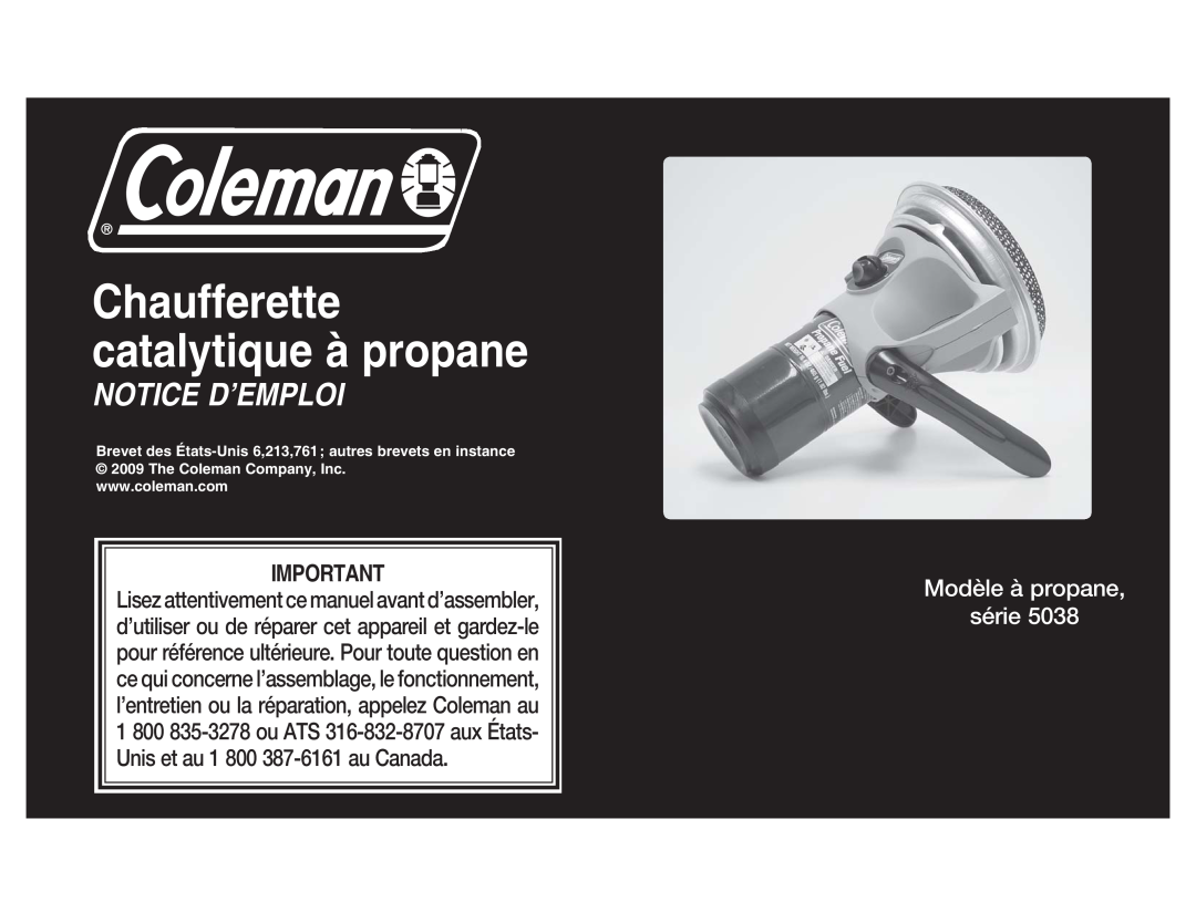 Coleman 5038 manual Chaufferette catalytique à propane, Notice Dêemploi, Modèle à propane série 