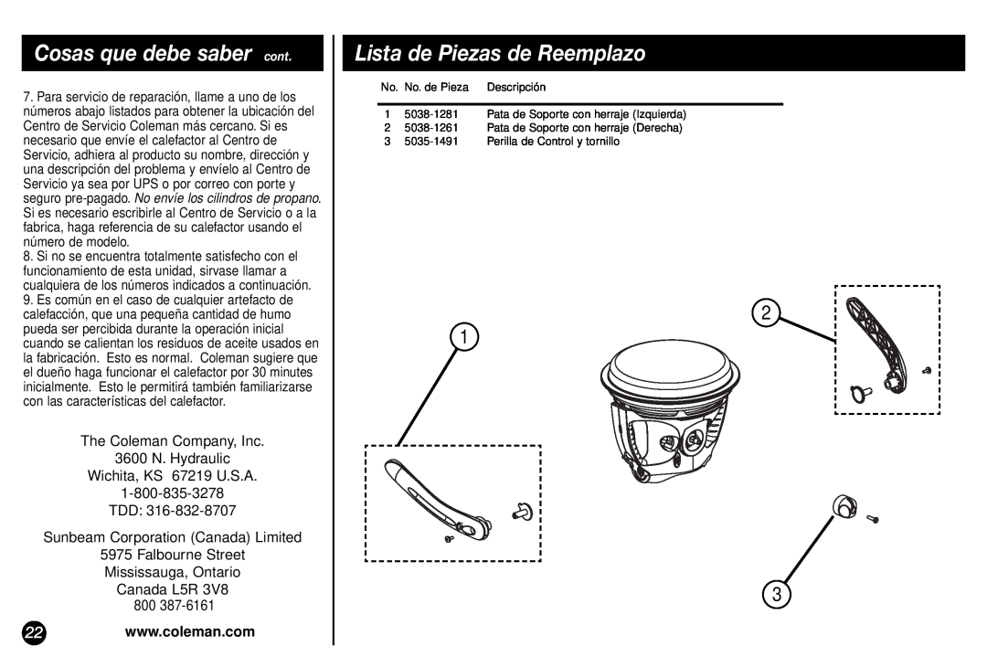 Coleman 5038 manual Cosas que debe saber cont, Lista de Piezas de Reemplazo, The Coleman Company, Inc 3600 N. Hydraulic 