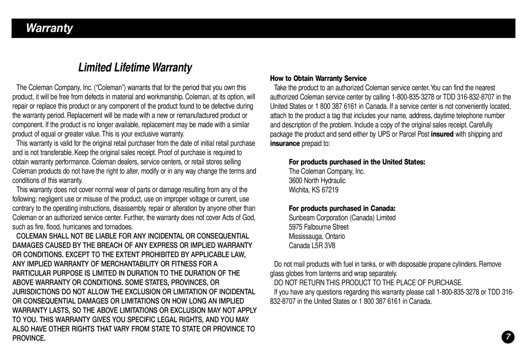 Coleman 5038 Limited Lifetime Warranty, How to Obtain Warranty Service, For products purchased in the United States 