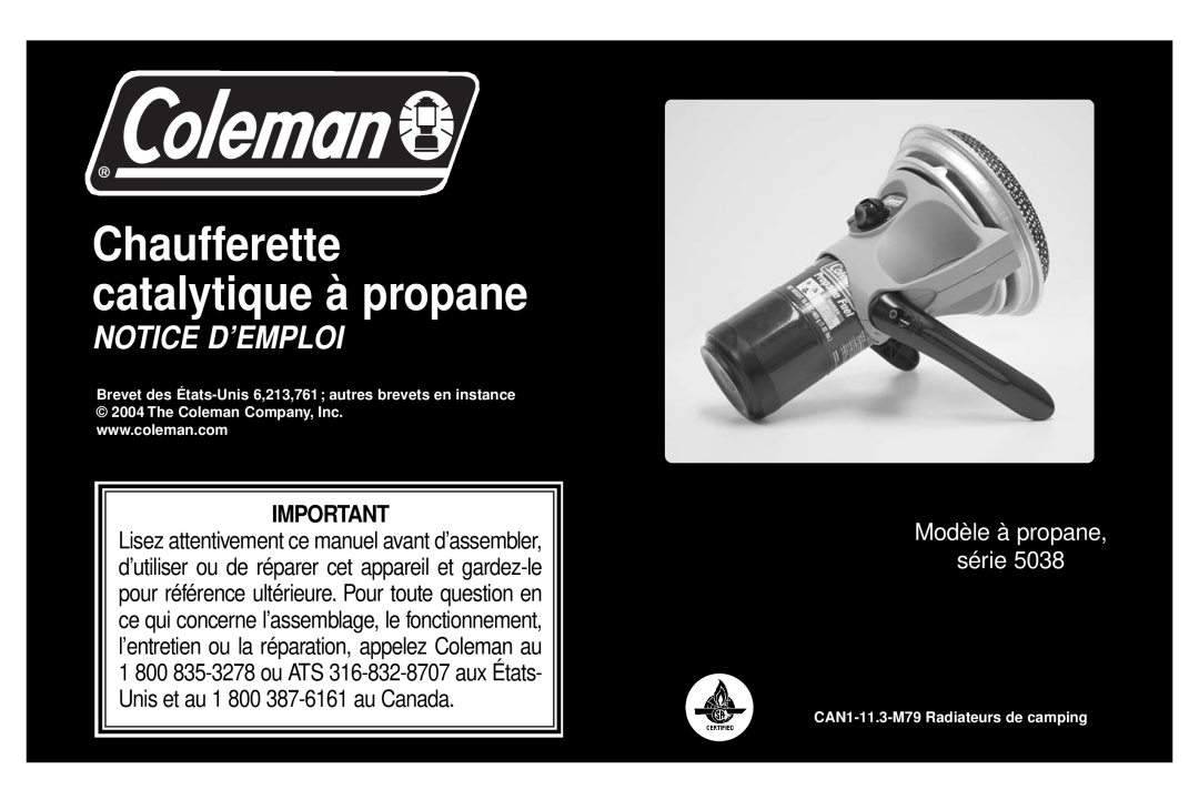 Coleman 5038 manual Notice D’Emploi, Modèle à propane série, Chaufferette catalytique à propane 