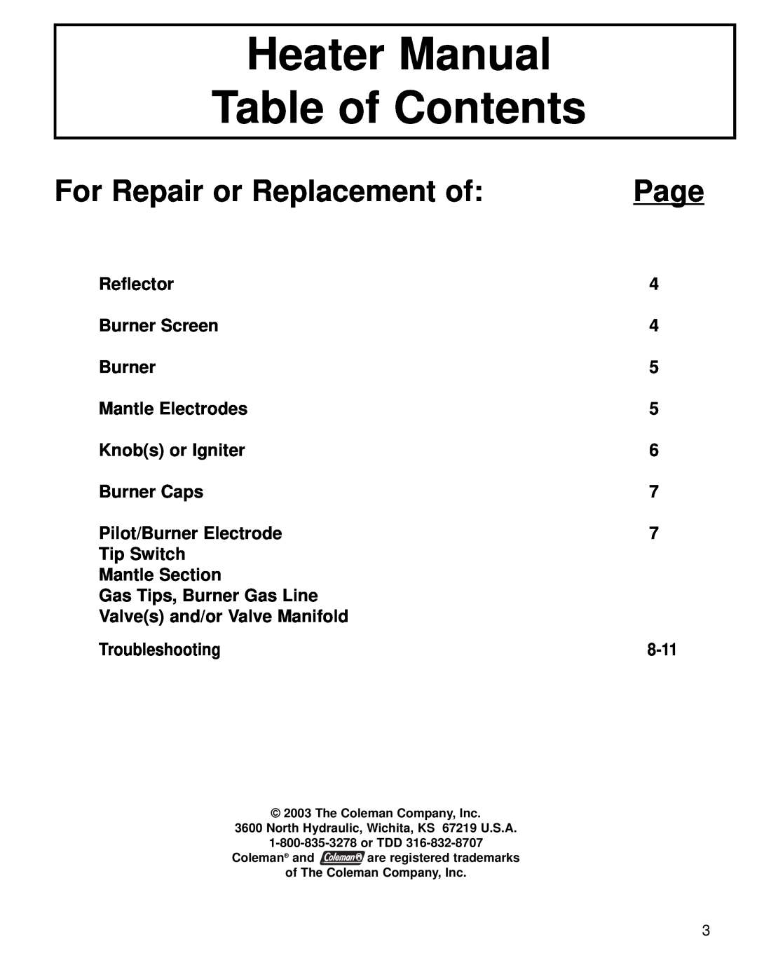 Coleman 5040 manual Heater Manual Table of Contents, For Repair or Replacement of, Page 