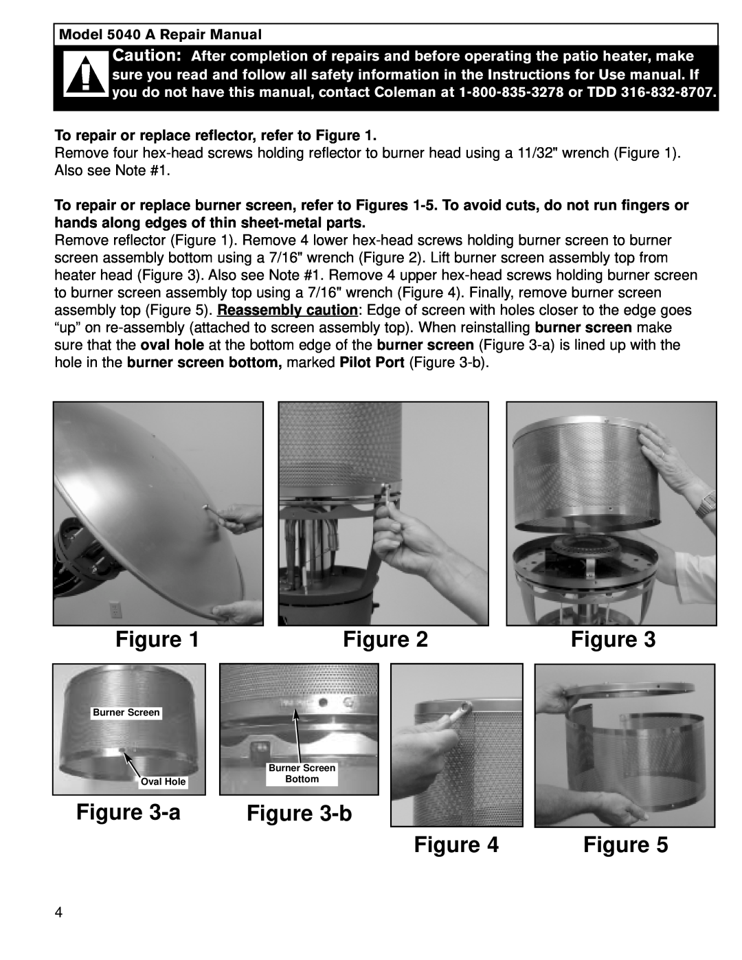 Coleman manual b, Model 5040 A Repair Manual, To repair or replace reflector, refer to Figure 