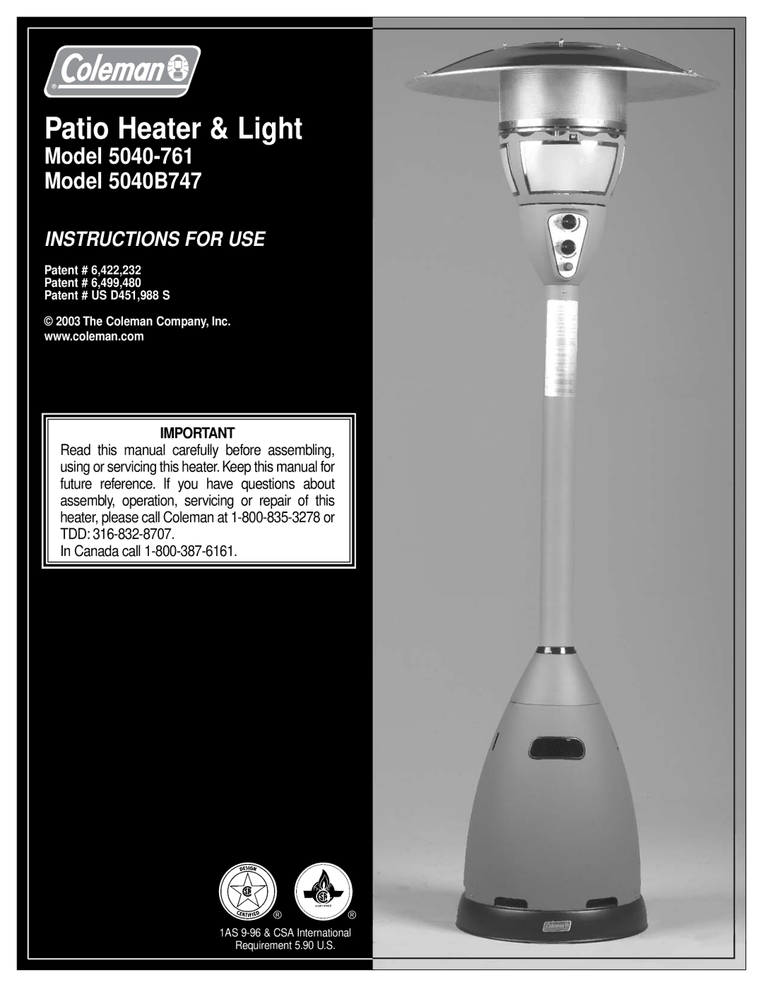 Coleman 5040-761, 5040B747 manual Patio Heater & Light 