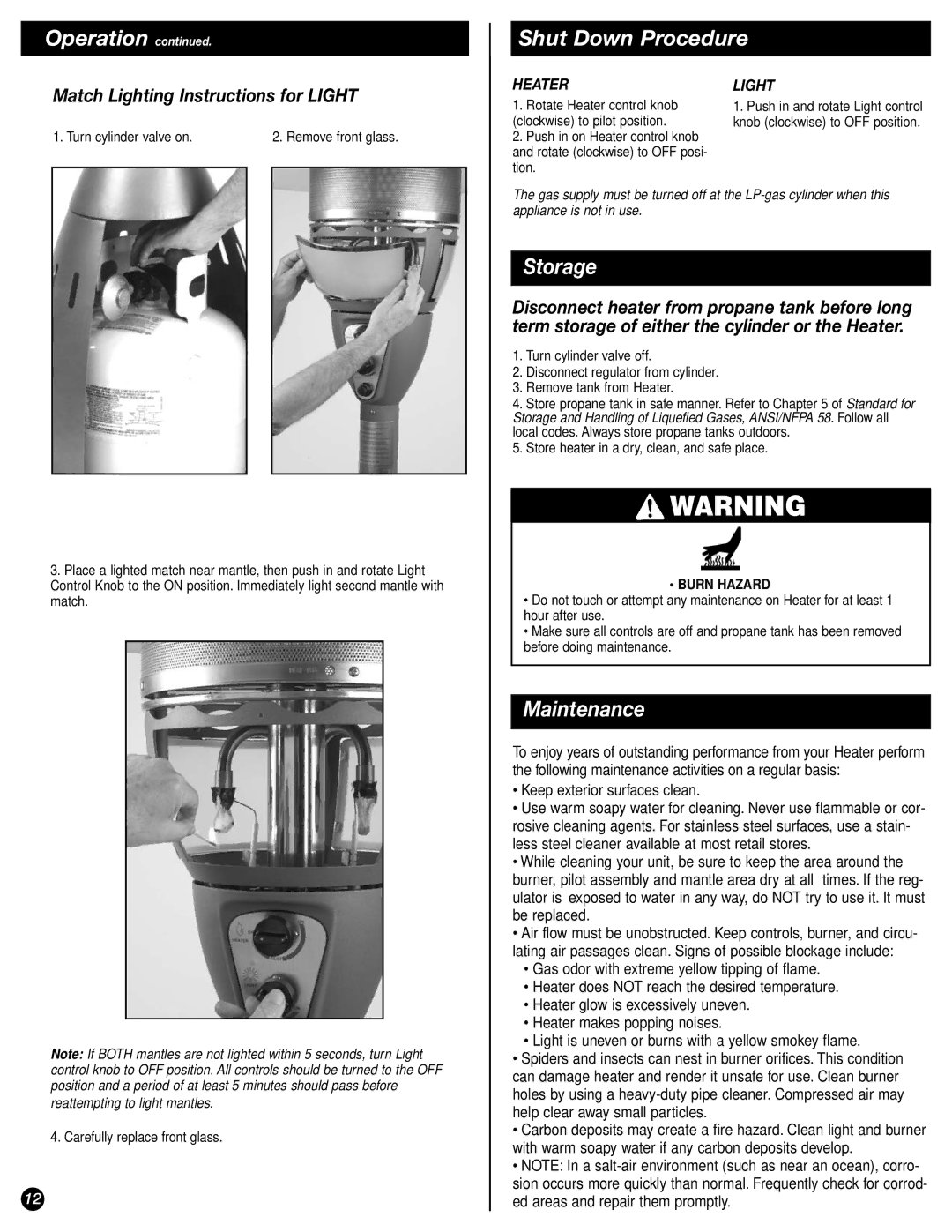 Coleman 5040B747, 5040-761 manual Shut Down Procedure, Storage, Maintenance, Match Lighting Instructions for Light 