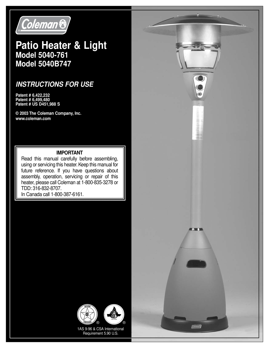 Coleman 5040-761 manual Model Model 5040B747, Patio Heater & Light, Instructions For Use, In Canada call 
