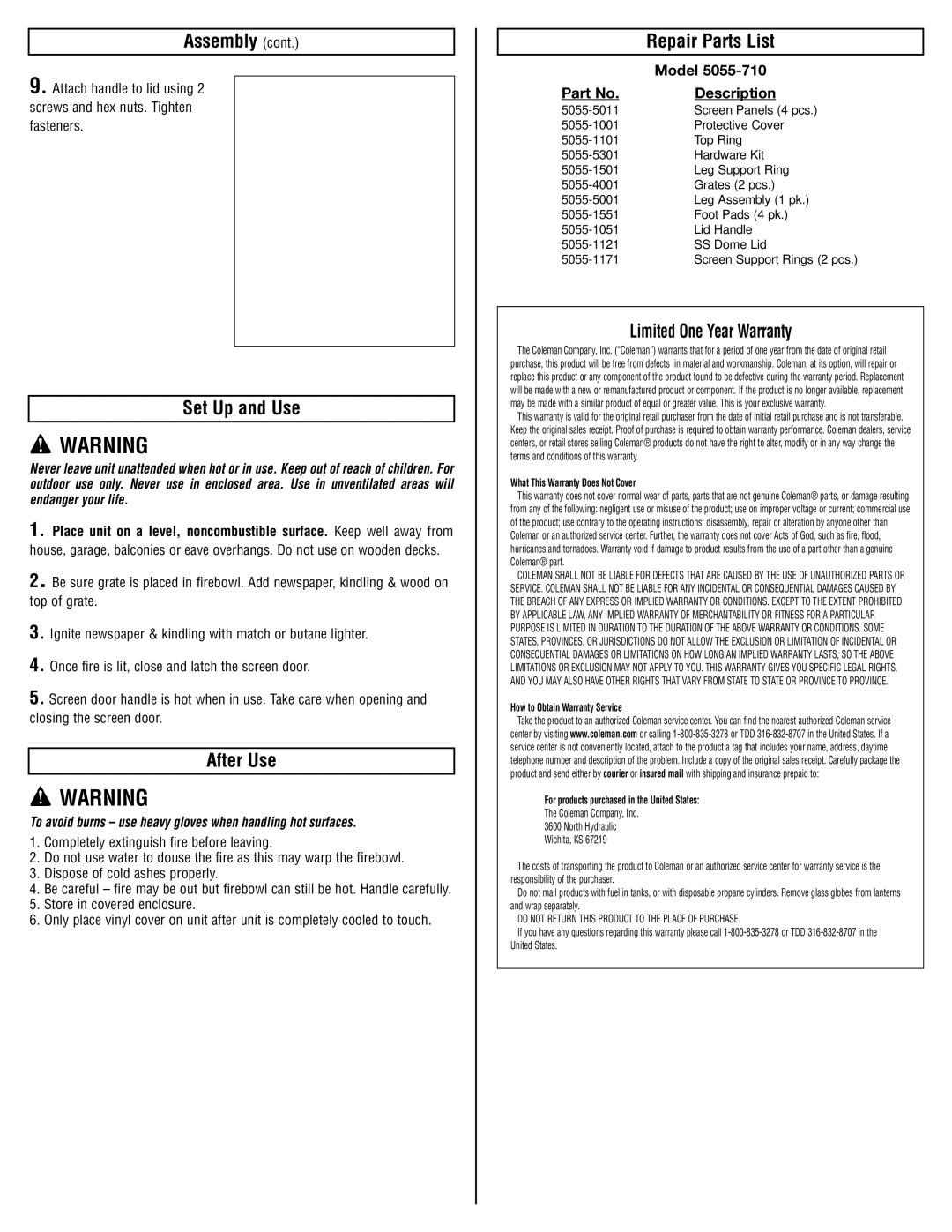 Coleman 5055-710 instruction sheet Set Up and Use, After Use, Repair Parts List, Limited One Year Warranty 