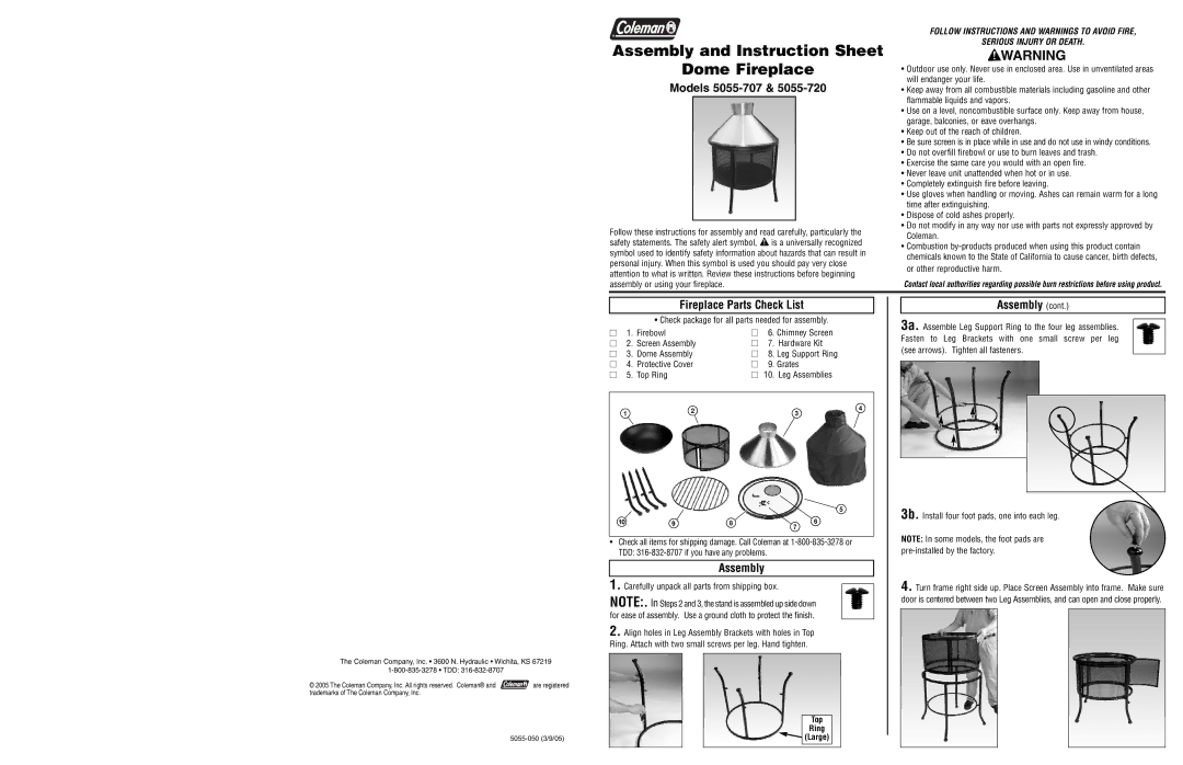 Coleman 5055-720 instruction sheet Models 5055-707, Fireplace Parts Check List, Assembly 