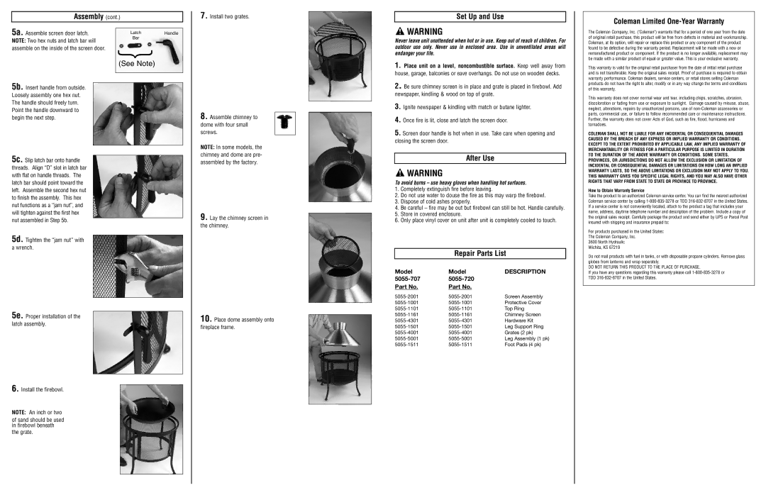 Coleman 5055-720, 5055-707 instruction sheet Set Up and Use Coleman Limited One-Year Warranty, After Use, Repair Parts List 