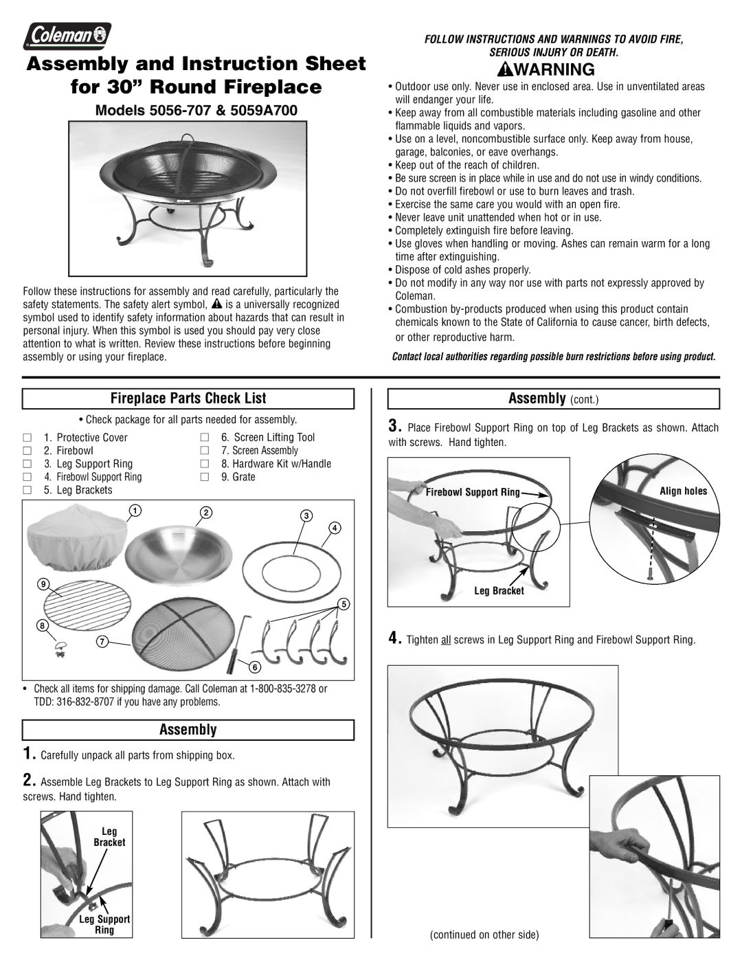 Coleman instruction sheet Models 5056-707 & 5059A700, Fireplace Parts Check List, Assembly 