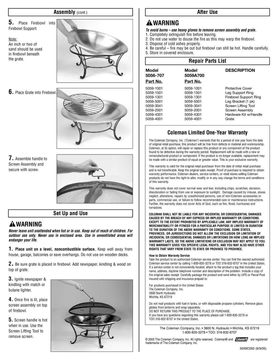 Coleman 5056-707, 5059A700 instruction sheet Set Up and Use, After Use, Repair Parts List, Coleman Limited One-Year Warranty 