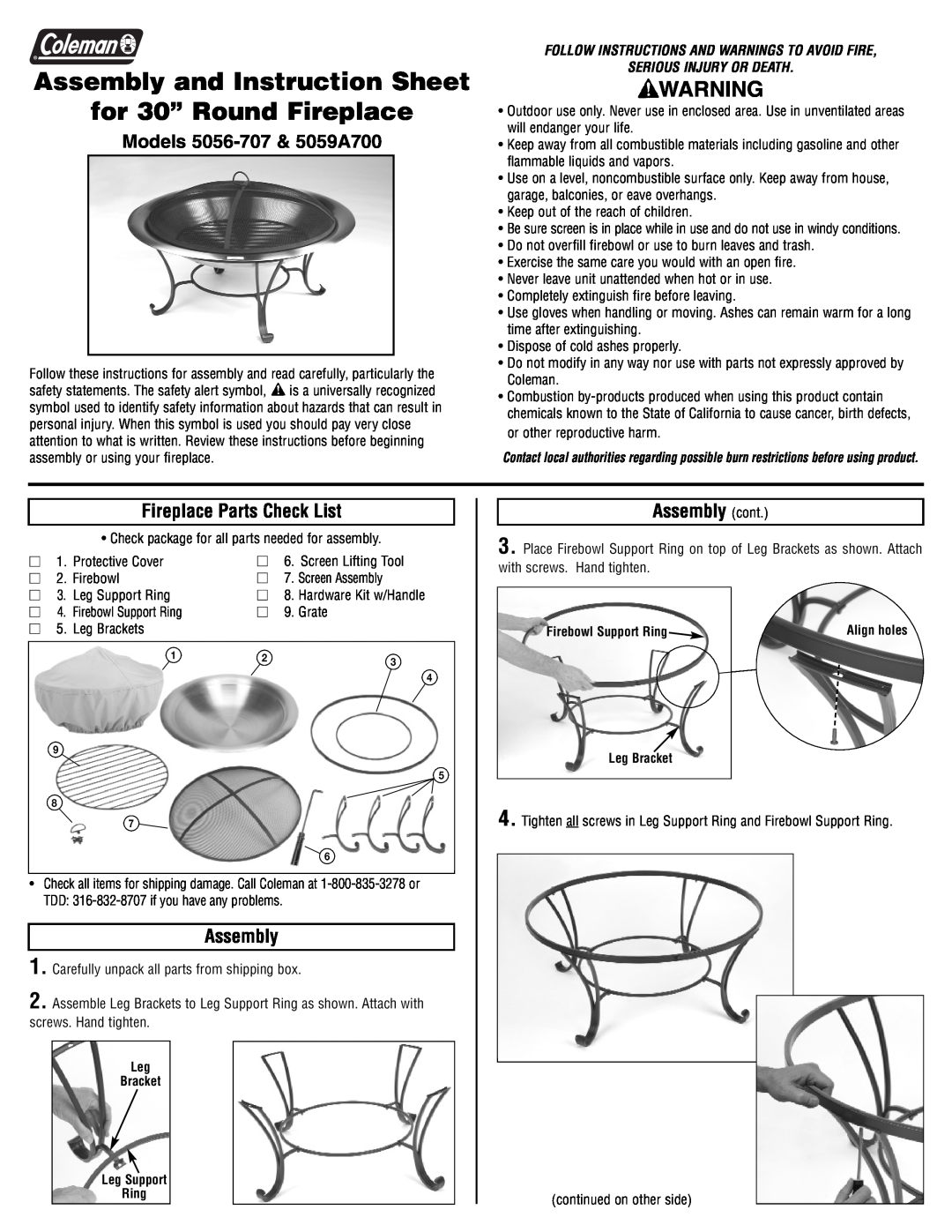 Coleman instruction sheet Models 5056-707& 5059A700, Fireplace Parts Check List, Assembly cont 