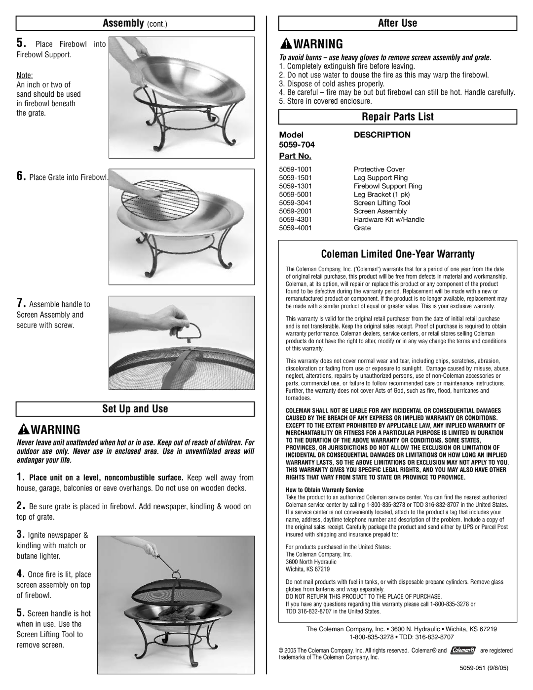 Coleman 5059-704 instruction sheet Set Up and Use, After Use, Repair Parts List, Coleman Limited One-Year Warranty 