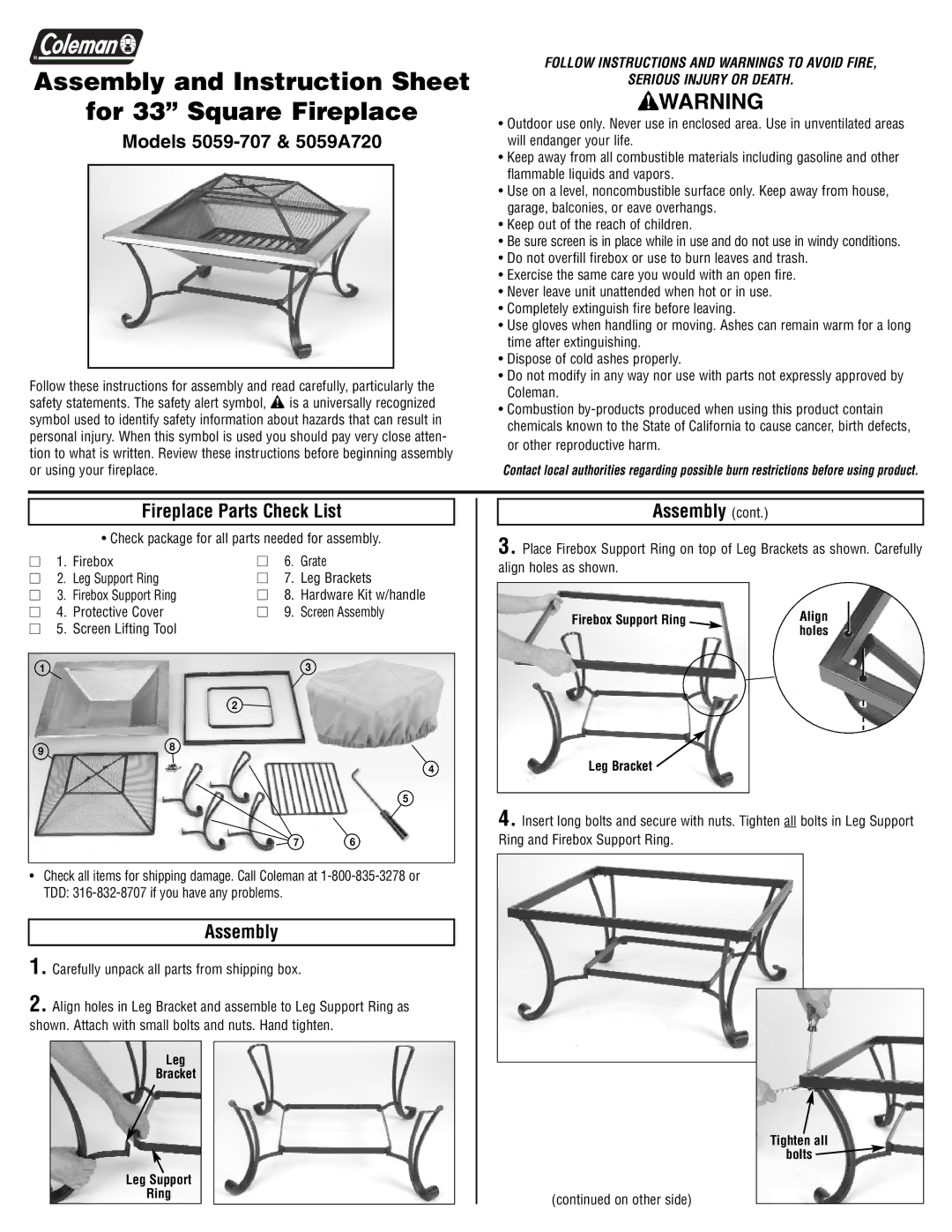 Coleman instruction sheet Models 5059-707 & 5059A720, Fireplace Parts Check List, Assembly 