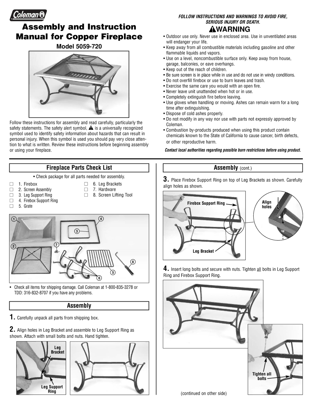 Coleman 5059-720 instruction manual Model, Fireplace Parts Check List, Assembly 