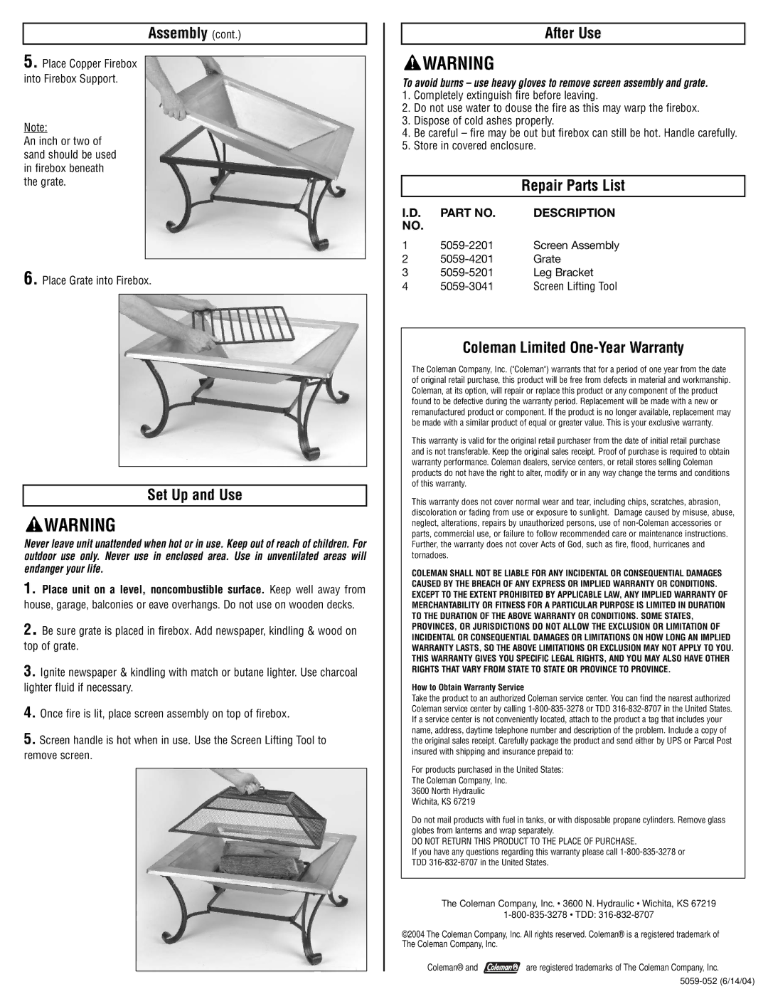 Coleman 5059-720 instruction manual Set Up and Use, After Use, Repair Parts List, Coleman Limited One-Year Warranty 