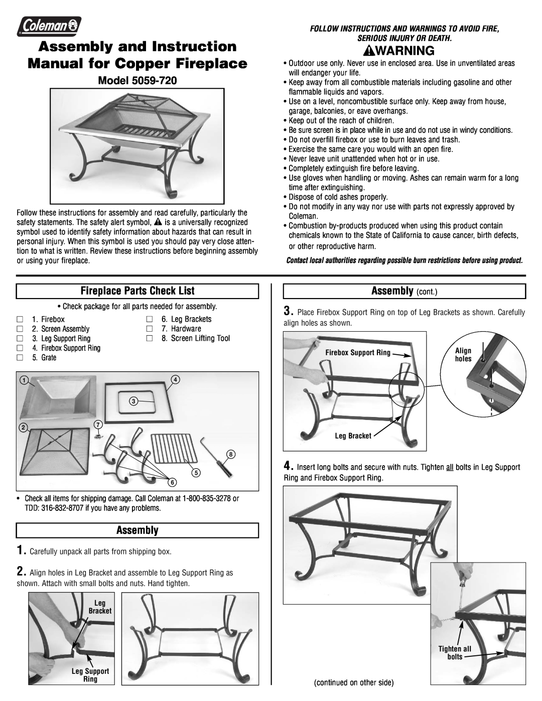 Coleman 5059-720 instruction manual Model, Fireplace Parts Check List, Assembly cont, Serious Injury Or Death 