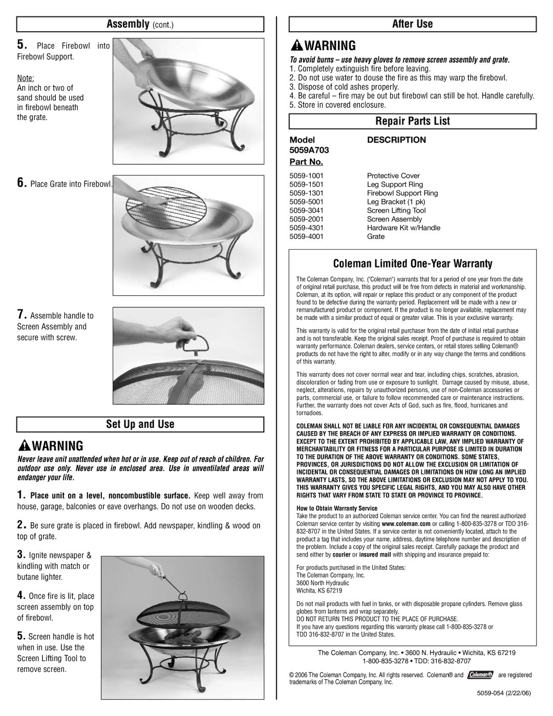 Coleman 5059A703 instruction sheet Set Up and Use, After Use, Repair Parts List, Coleman Limited One-Year Warranty 