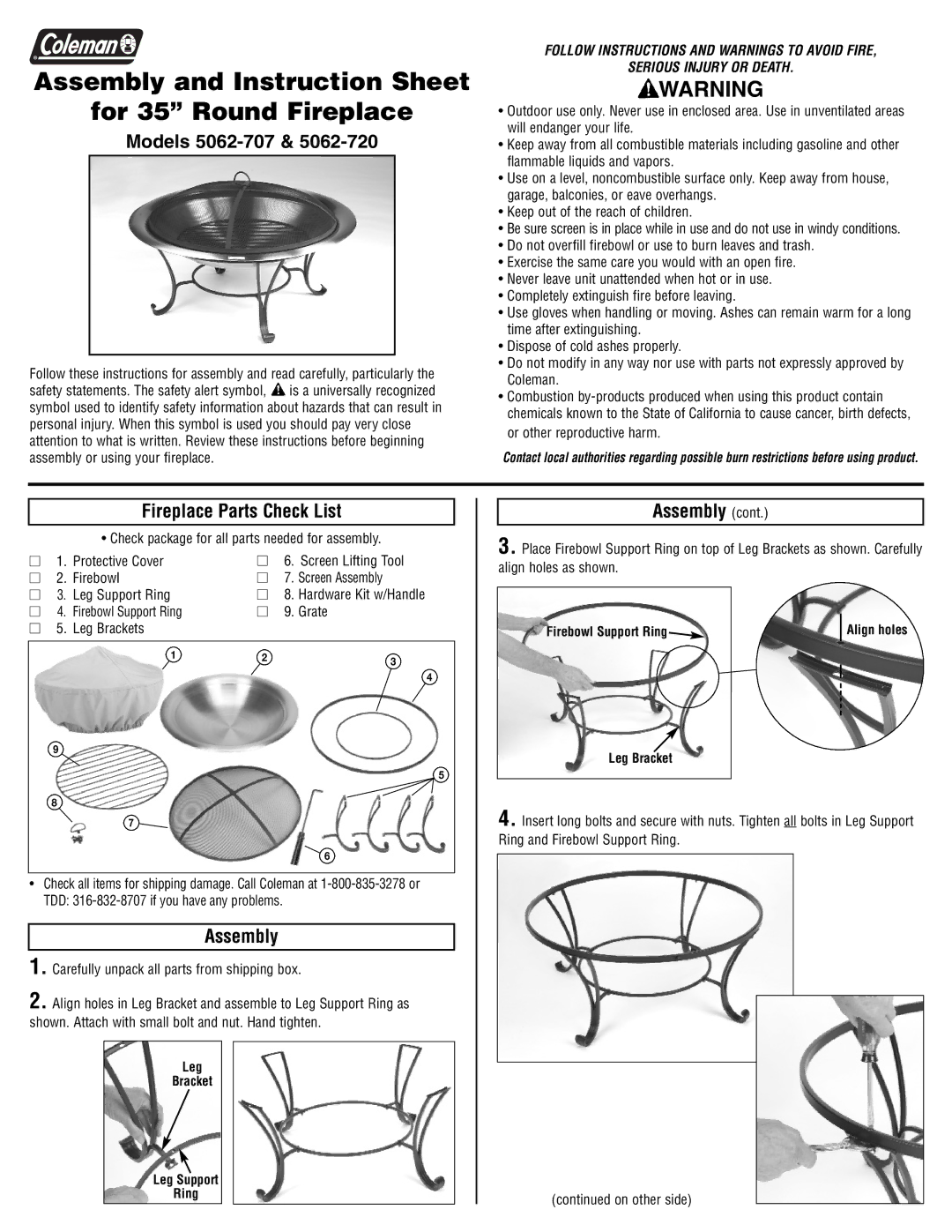 Coleman 5062-720 instruction sheet Models 5062-707, Fireplace Parts Check List, Assembly 