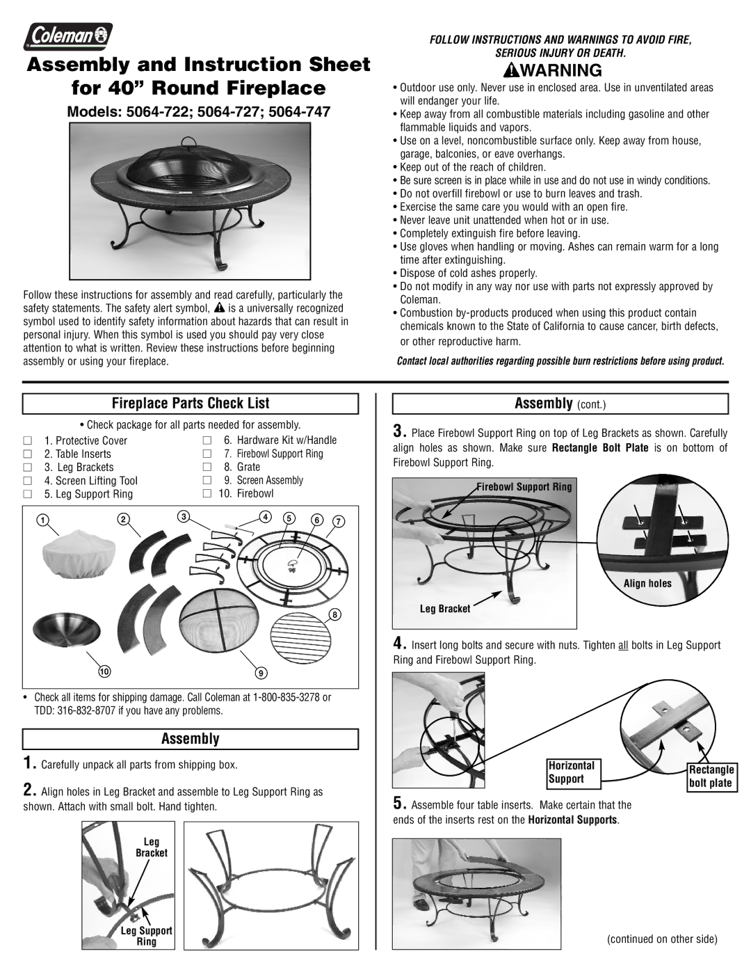 Coleman 5064-747 instruction sheet Models 5064-722 5064-727, Fireplace Parts Check List, Assembly 