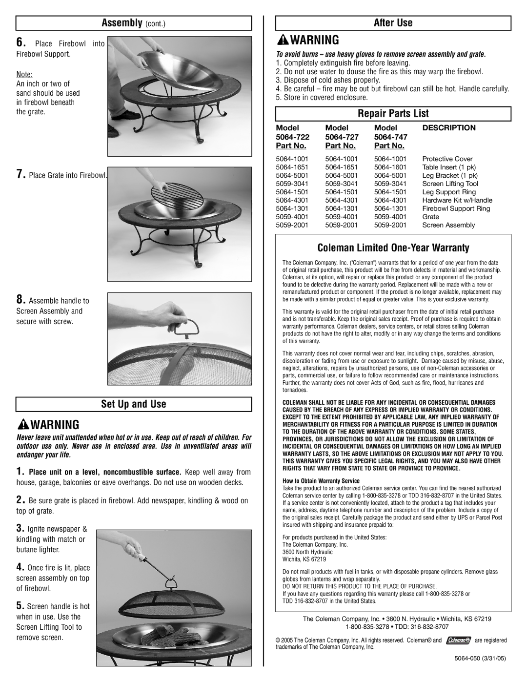 Coleman 5064-727, 5064-747, 5064-722 Set Up and Use, After Use, Repair Parts List, Coleman Limited One-Year Warranty 