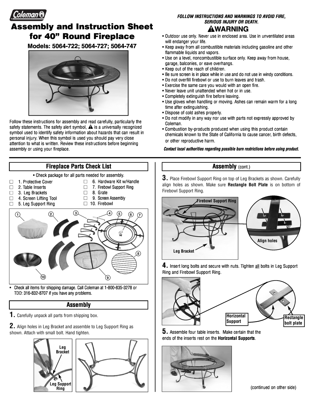 Coleman 5064-722 instruction sheet Models, Fireplace Parts Check List, Assembly cont, Serious Injury Or Death, Support 