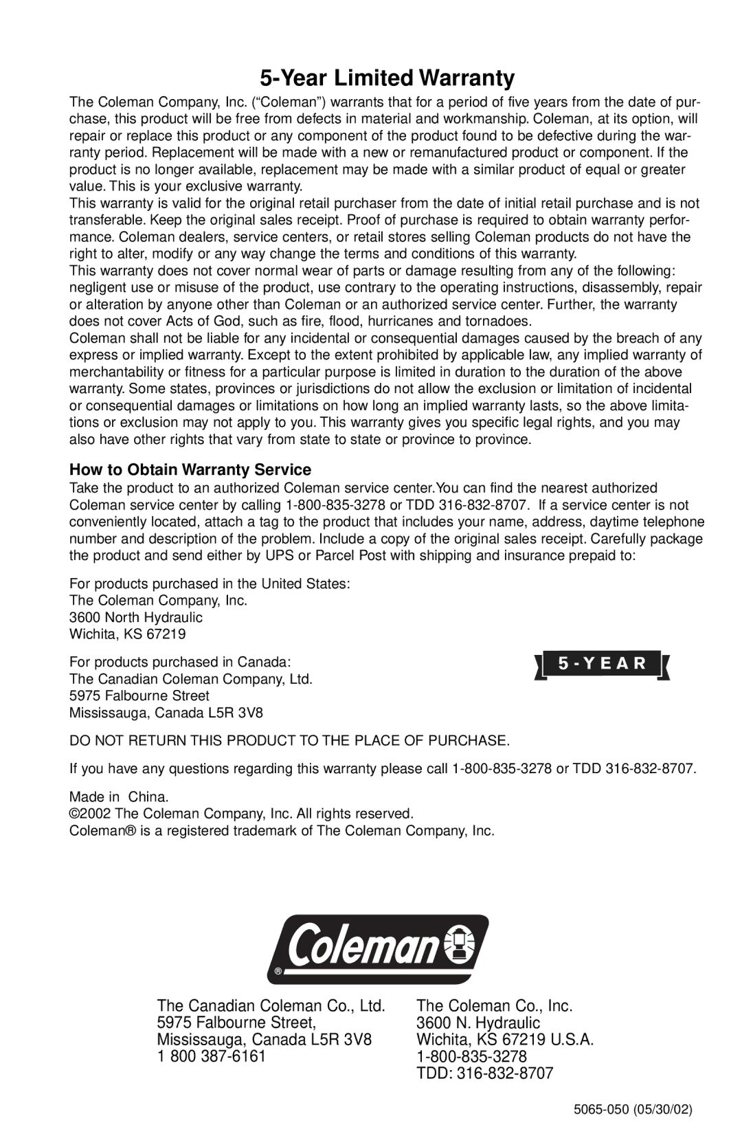 Coleman 5065-705 instruction manual Year Limited Warranty 