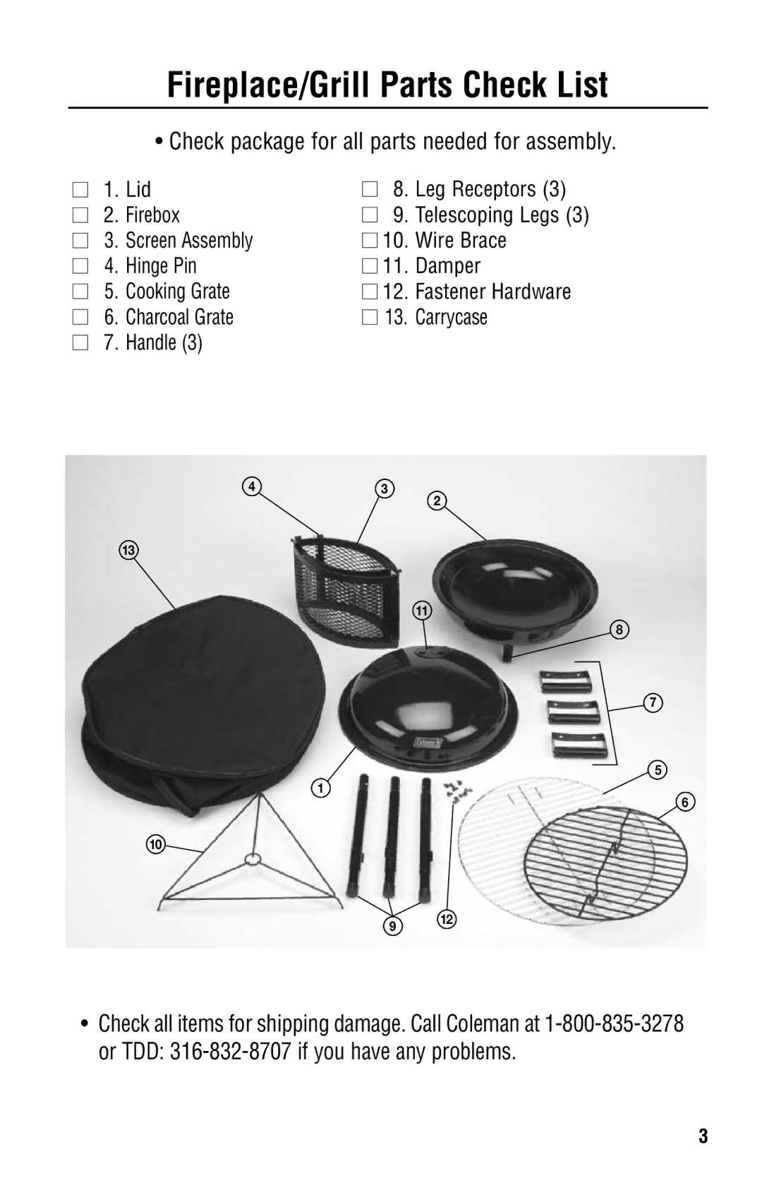 Coleman 5065-705 instruction manual Fireplace/Grill Parts Check List, Check package for all parts needed for assembly 