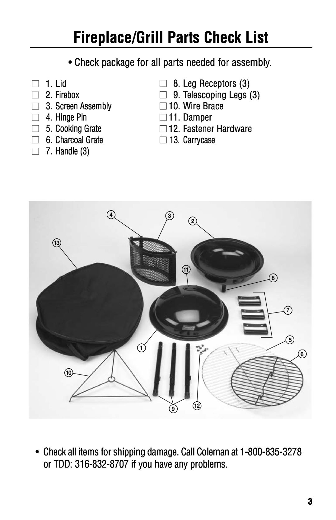 Coleman 5065-705 instruction manual Fireplace/Grill Parts Check List, Check package for all parts needed for assembly 