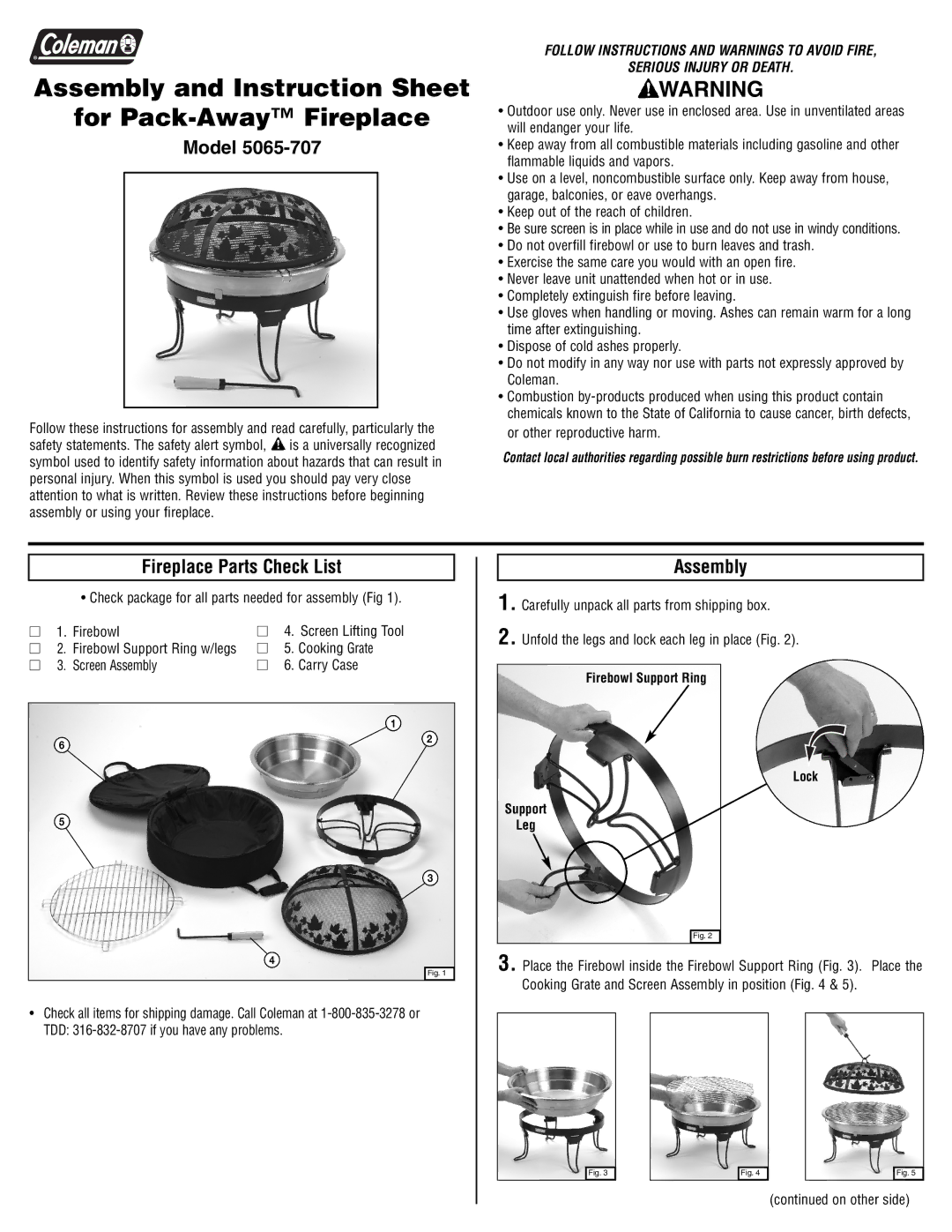 Coleman 5065-707 instruction sheet Model, Fireplace Parts Check List, Assembly 