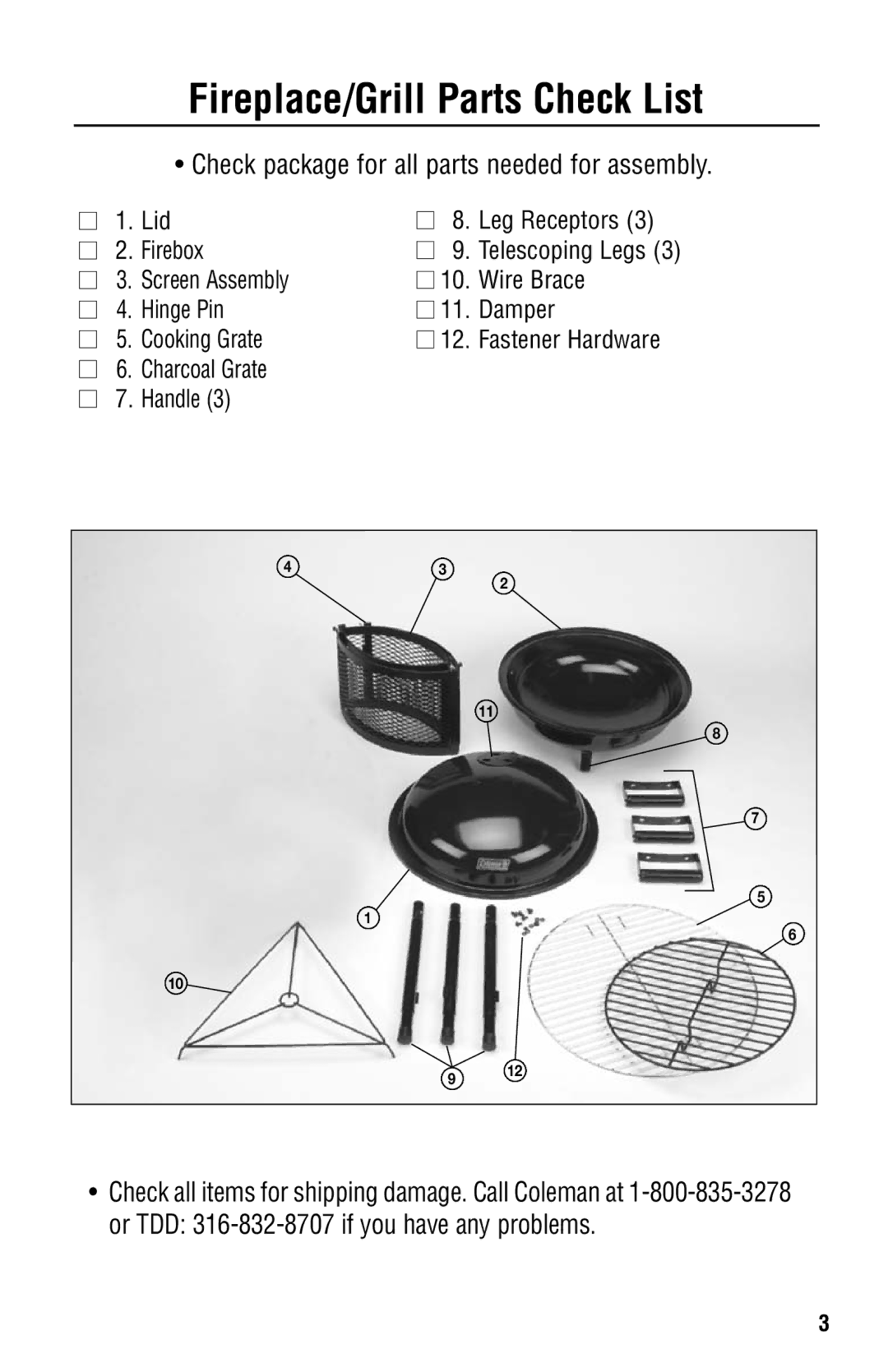 Coleman 5065-715 instruction manual Fireplace/Grill Parts Check List, Check package for all parts needed for assembly 