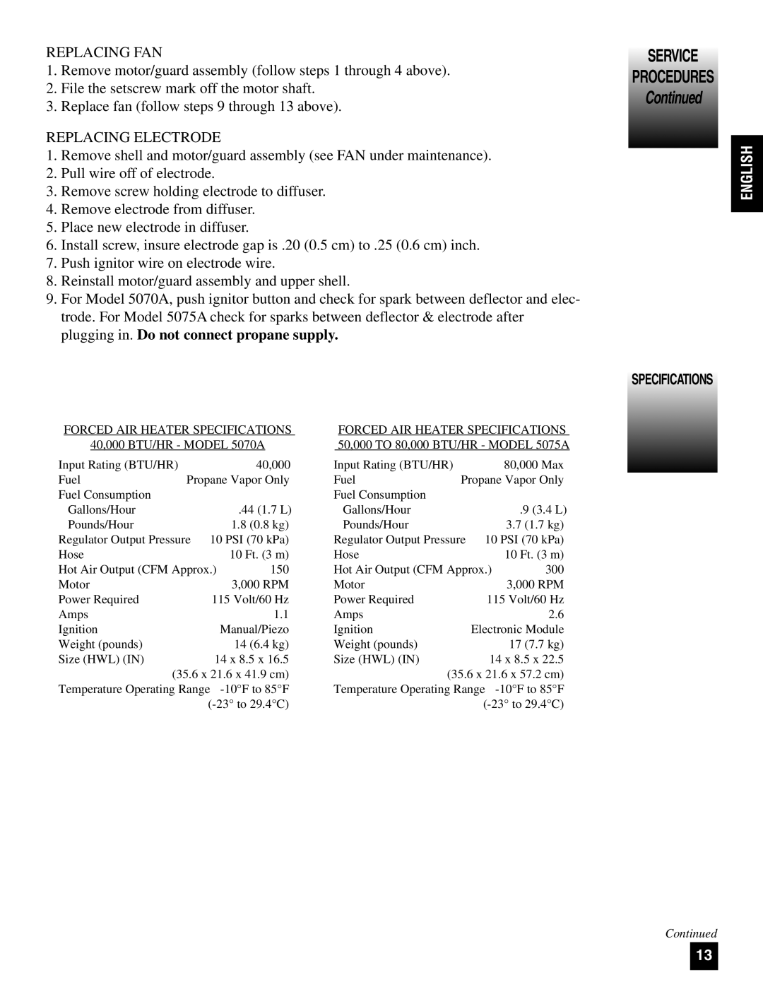 Coleman 5075 Series, 5070 Series manual Service Procedures, Replacing FAN, Replacing Electrode, Specifications 