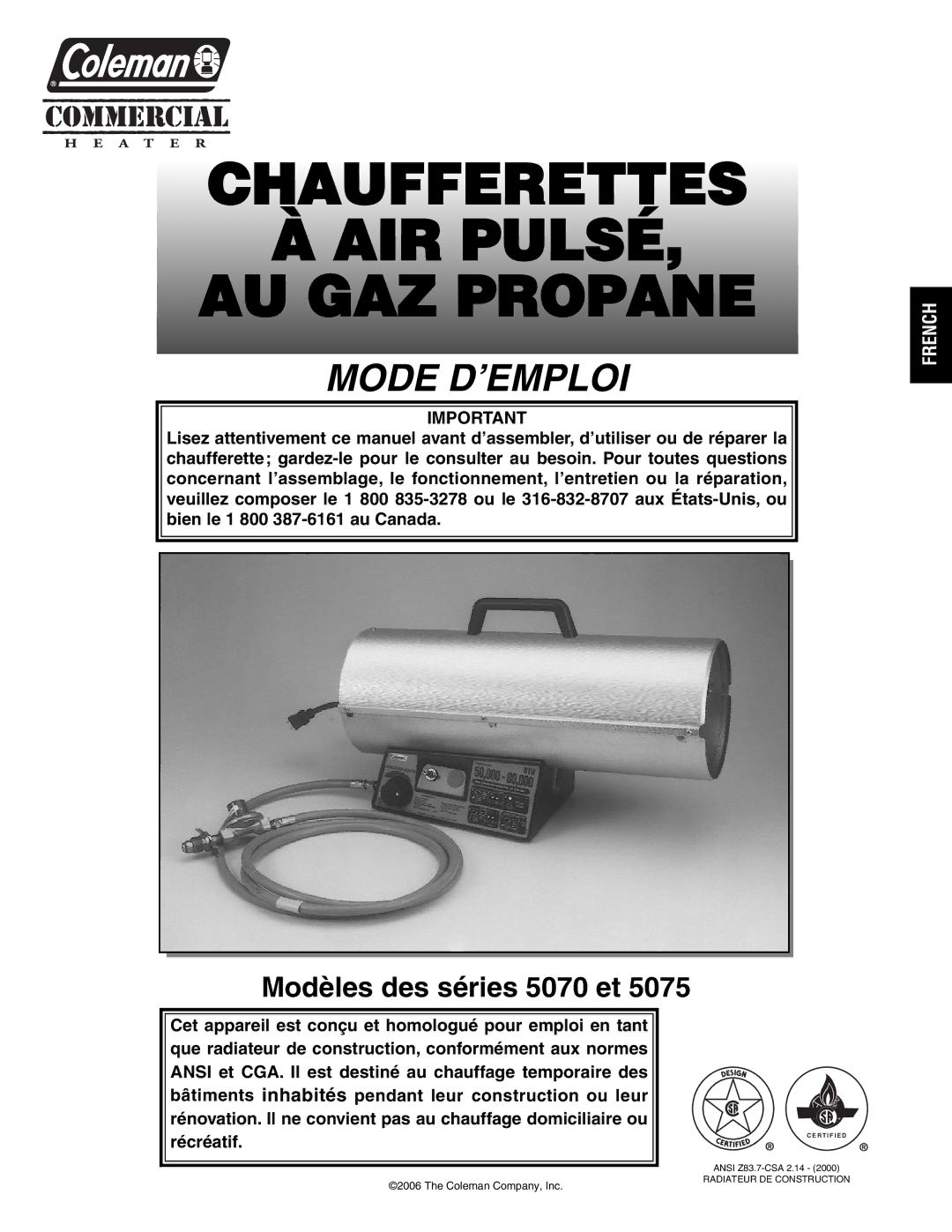 Coleman 5075 Series, 5070 Series manual Chaufferettes AIR PULSÉ, AU GAZ Propane 