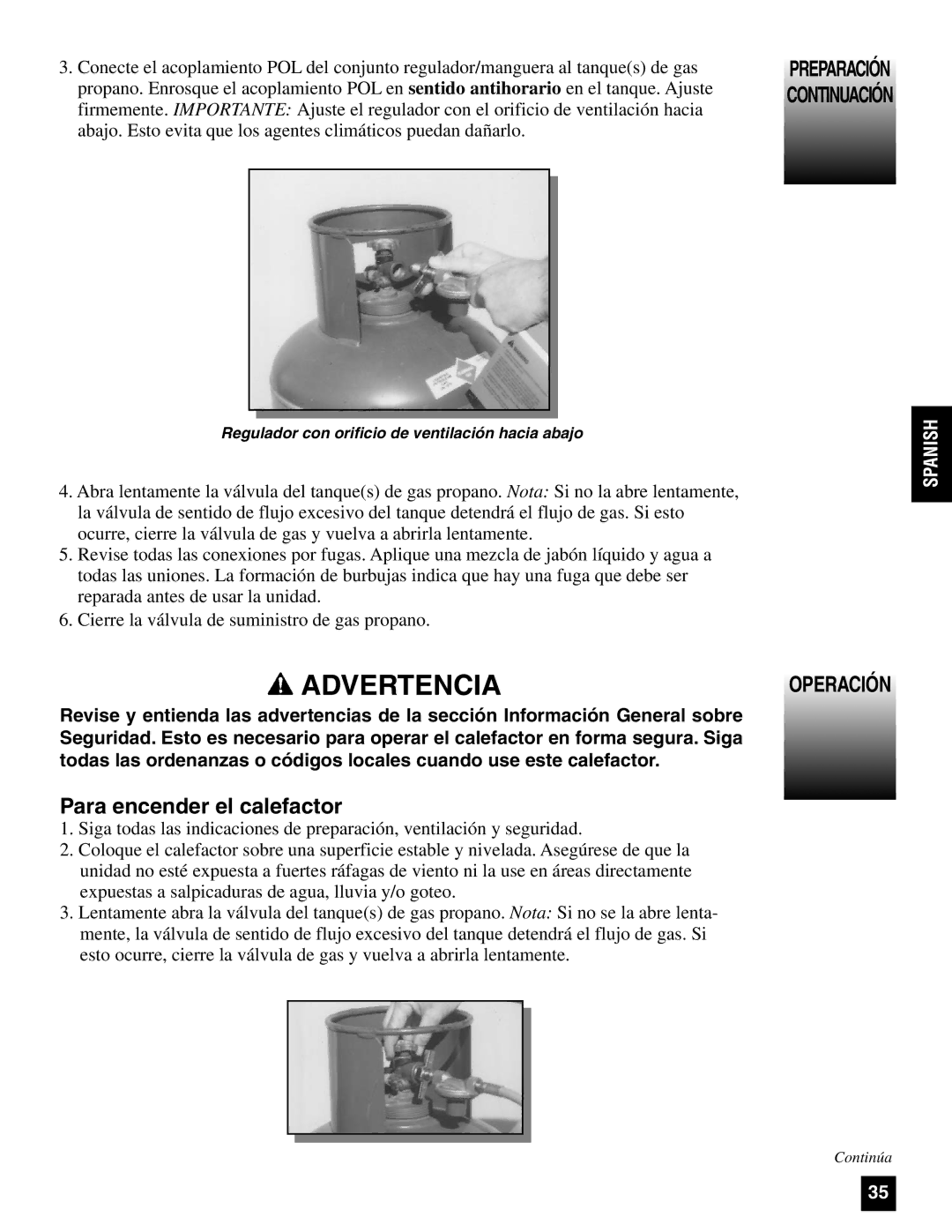 Coleman 5075 Series, 5070 Series manual Para encender el calefactor, Operación, Continuación 