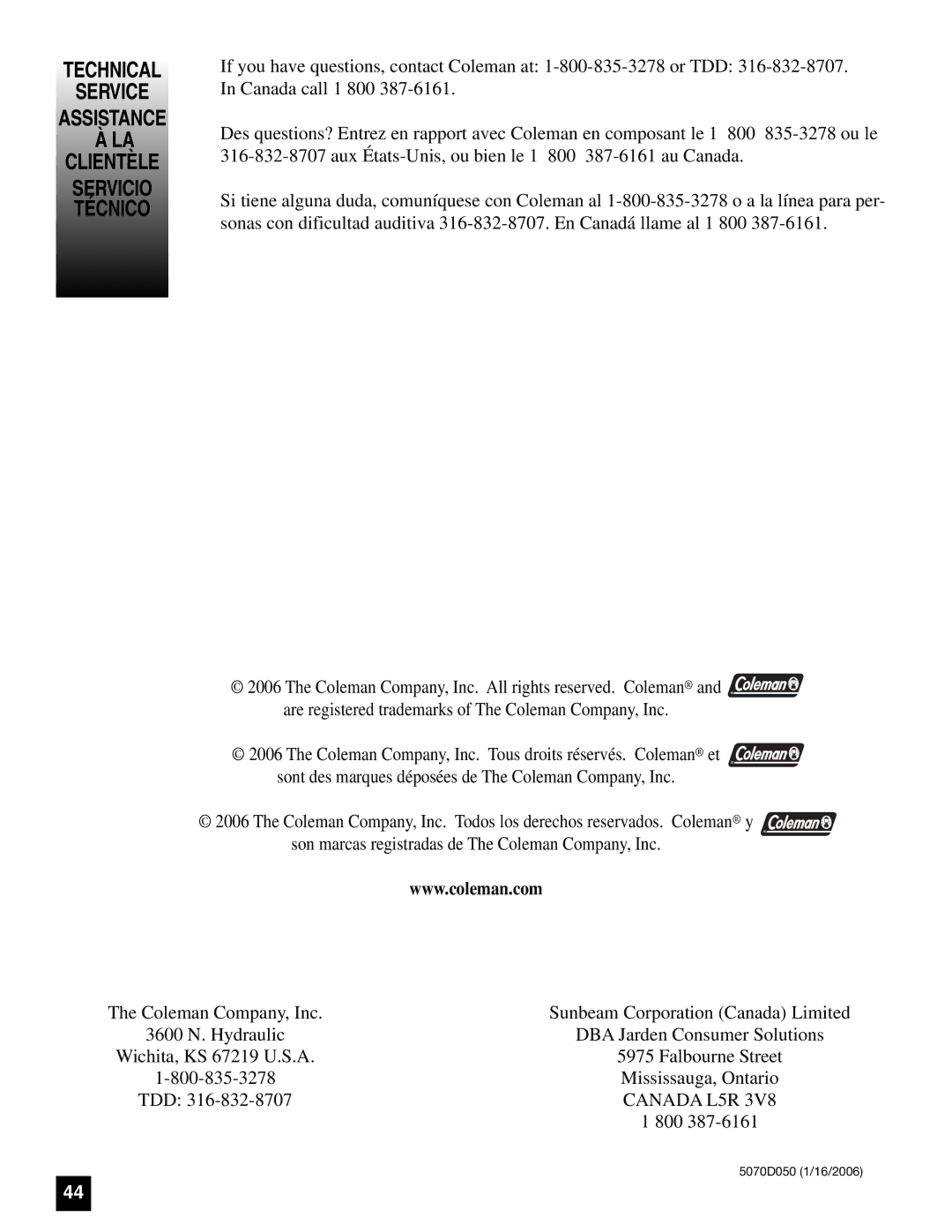 Coleman 5070 Series, 5075 Series manual Technical Service, Clientèle Servicio Técnico, Assistance, Canada L5R 