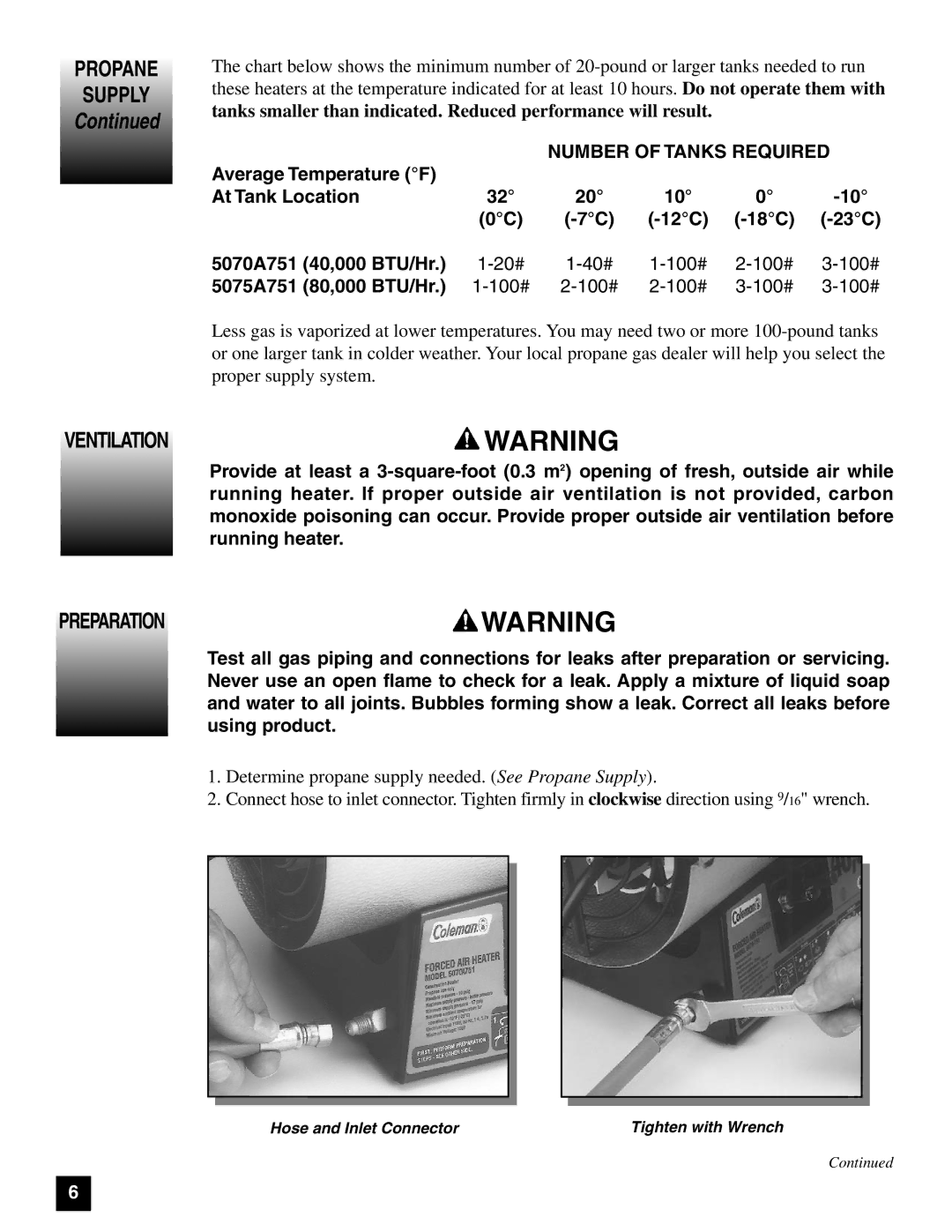 Coleman 5070 Series, 5075 Series manual Ventilation Warning, Preparation, Number of Tanks Required 