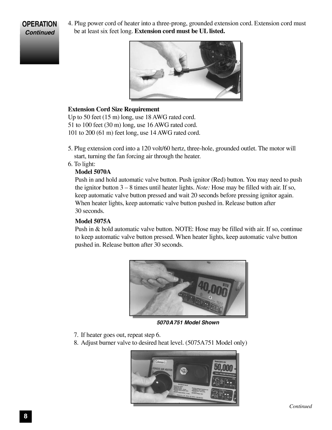 Coleman 5070 Series, 5075 Series manual Operation, Extension Cord Size Requirement 