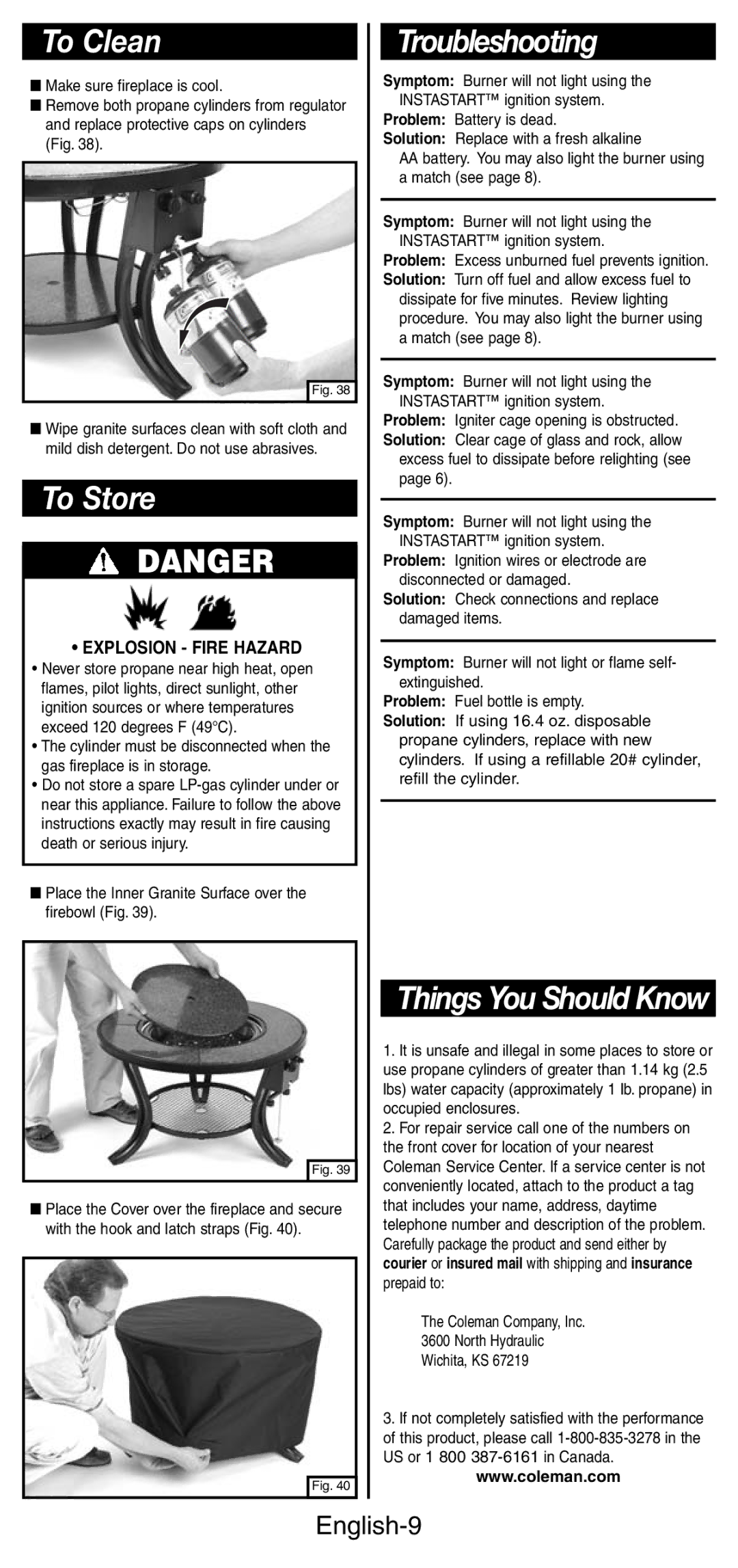 Coleman 5071 Series manual To Clean, To Store, Troubleshooting, English-9 