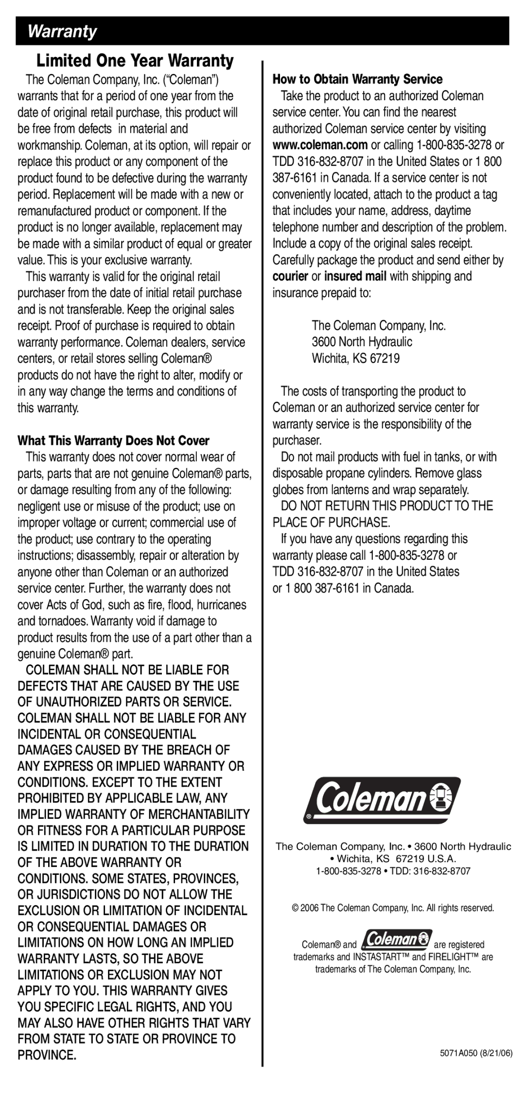 Coleman 5071 Series manual Warranty 