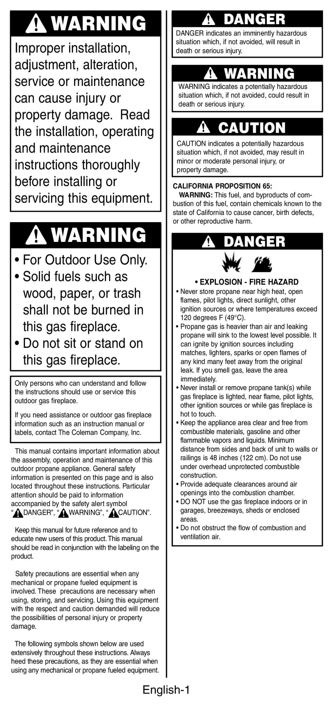 Coleman 5071 Series manual For Outdoor Use Only, English-1 