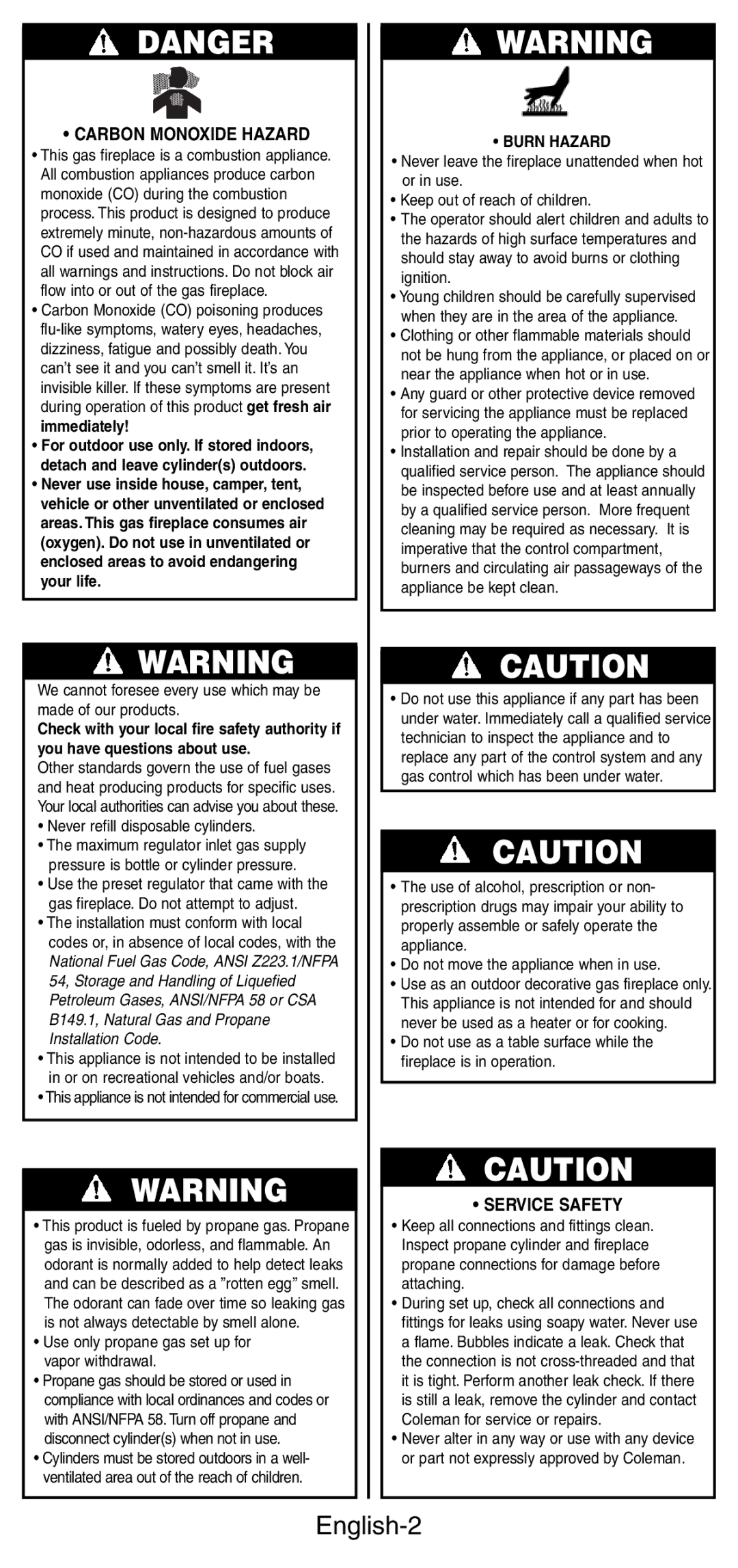 Coleman 5071 Series manual English-2, Carbon Monoxide Hazard 