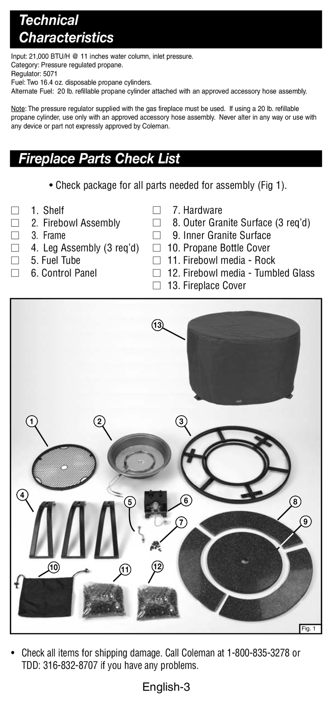 Coleman 5071 Series manual Technical Characteristics, Fireplace Parts Check List, English-3 