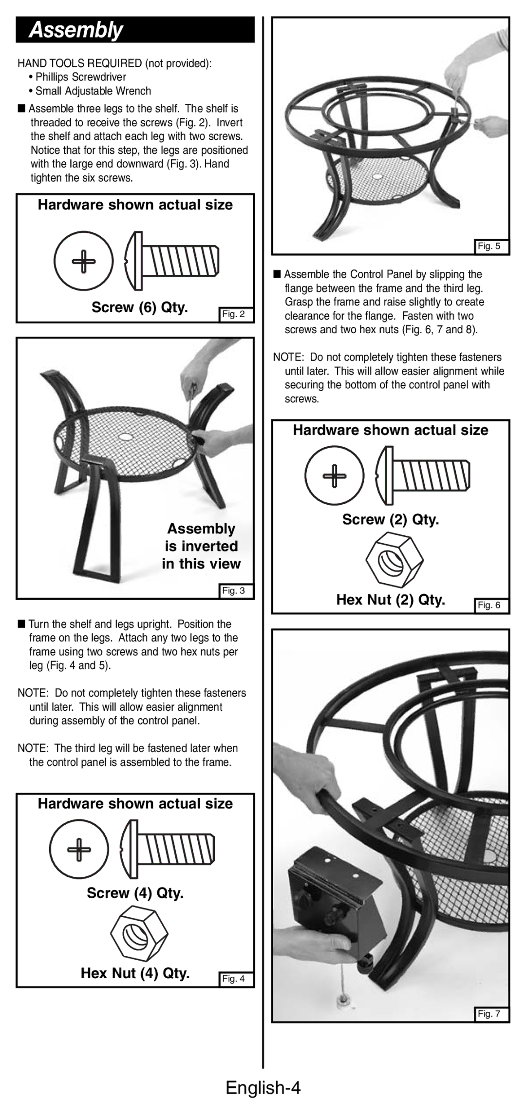 Coleman 5071 Series manual Assembly, English-4, Hardware shown actual size Screw 6 Qty 