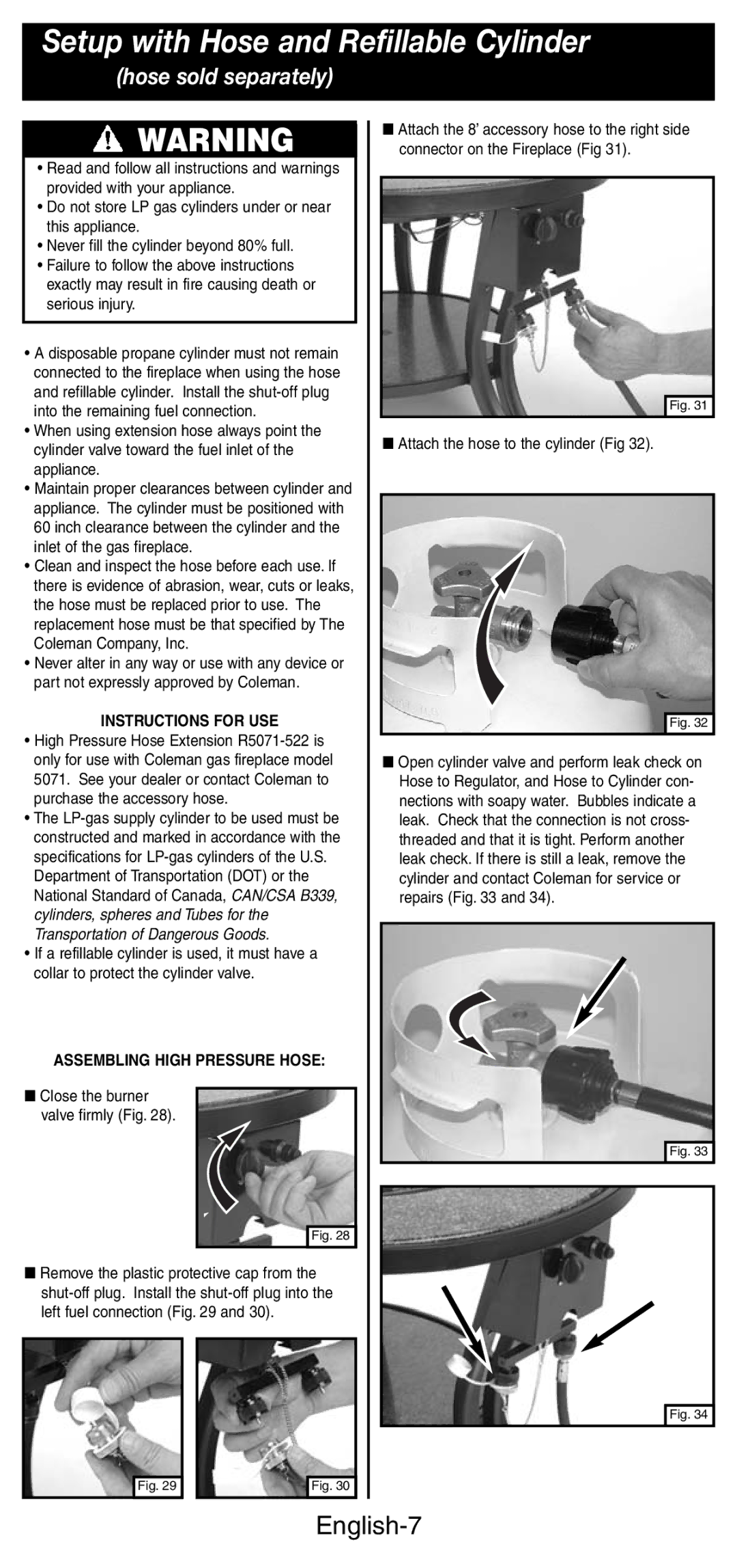 Coleman 5071 Series manual Setup with Hose and Refillable Cylinder, English-7 