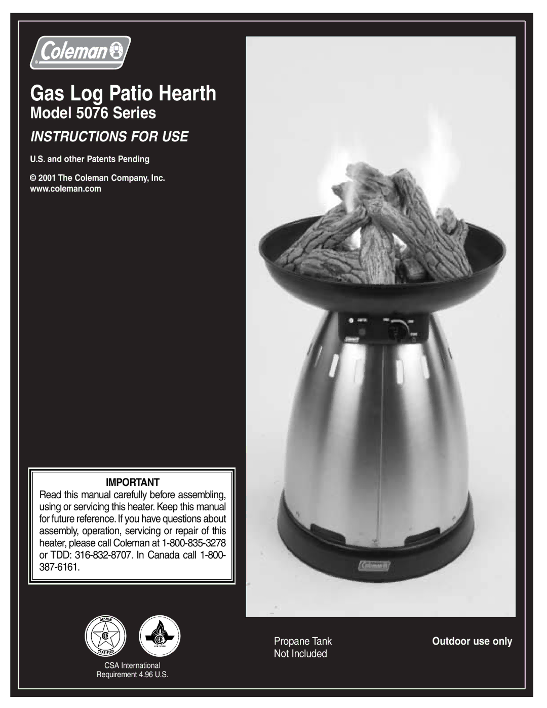 Coleman 5076 Series manual Gas Log Patio Hearth 