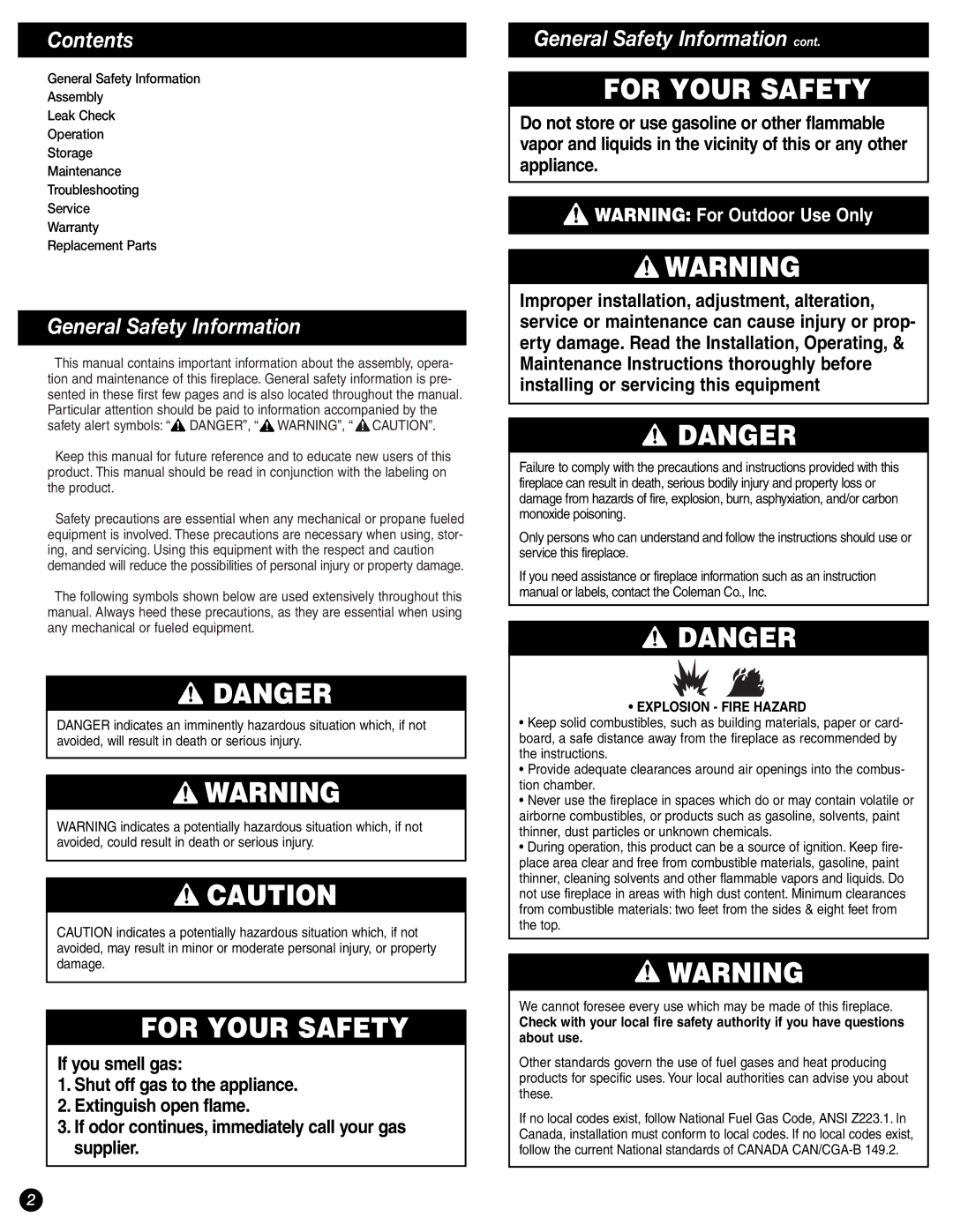 Coleman 5076 Series manual Contents, General Safety Information 