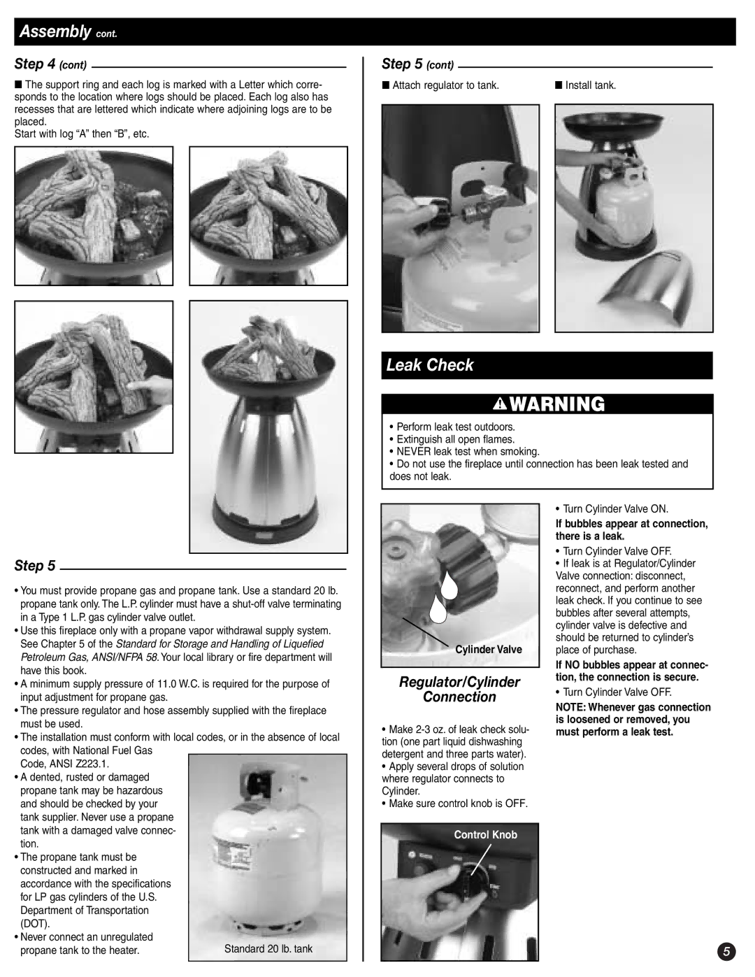 Coleman 5076 Series manual Leak Check, Regulator/Cylinder Connection, Cylinder Valve 