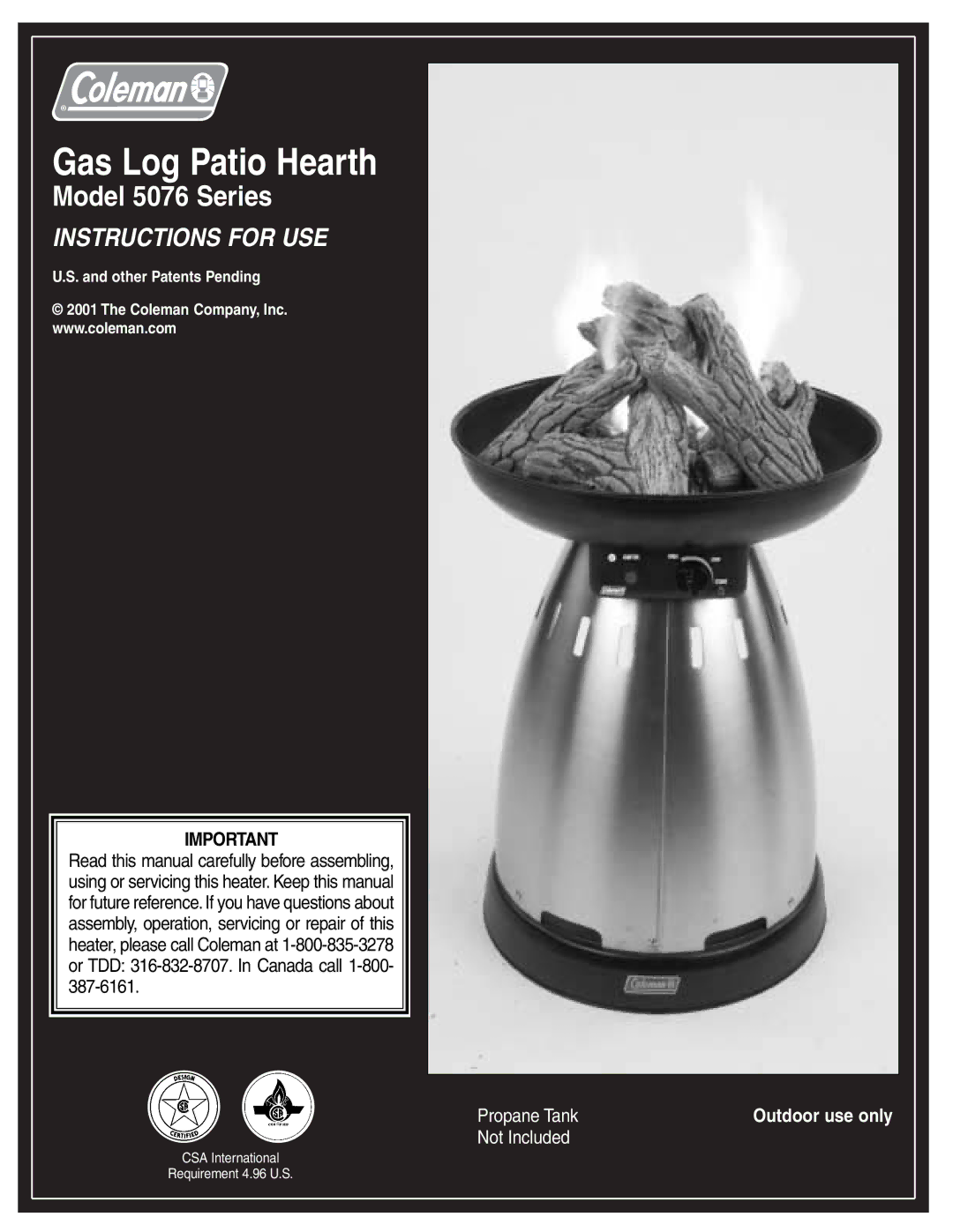 Coleman 5076 manual Gas Log Patio Hearth 