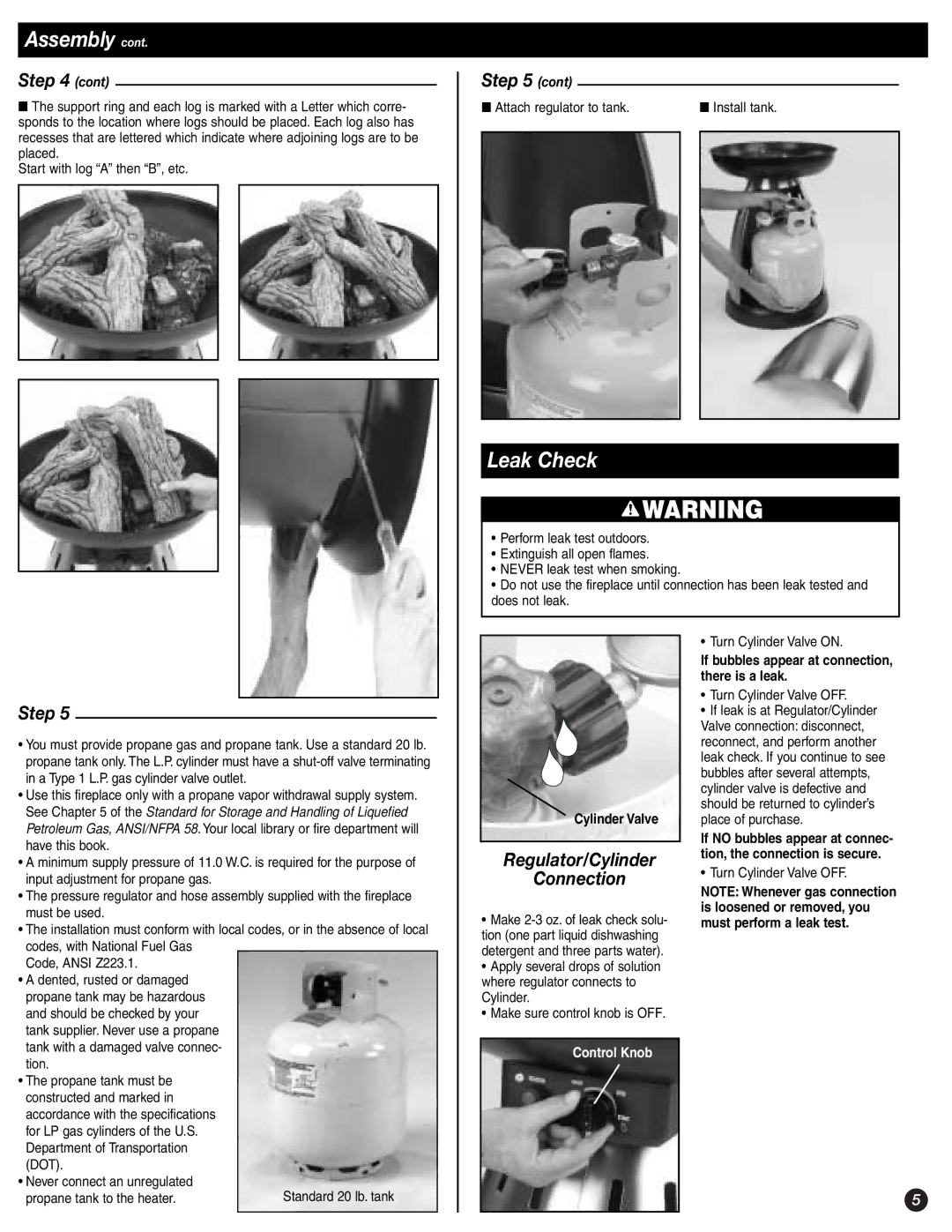 Coleman 5076 Leak Check, Regulator/Cylinder Connection, Cylinder Valve, If bubbles appear at connection, there is a leak 