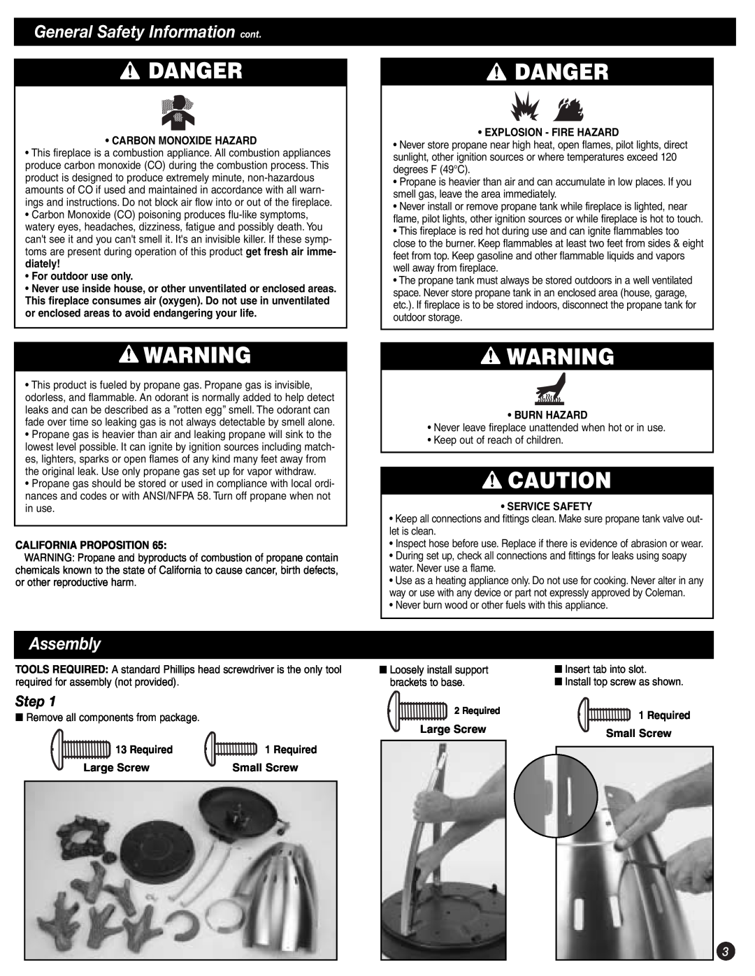 Coleman 5076 manual Assembly, Step, Danger, General Safety Information cont 