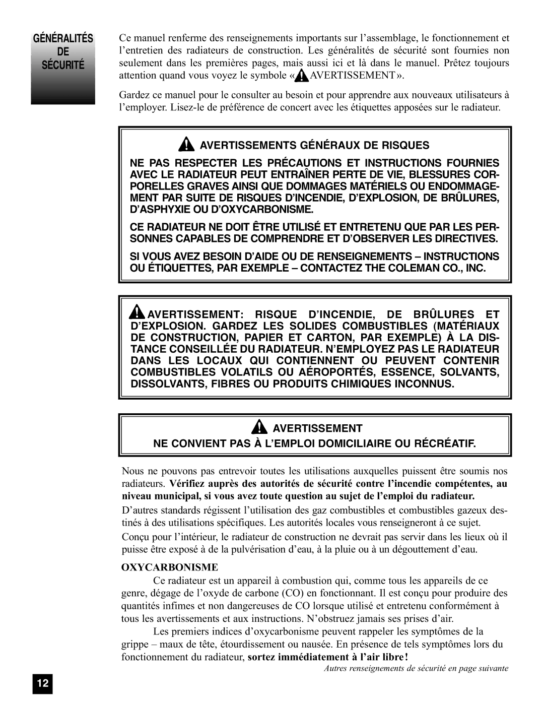 Coleman 5080A751, 5085A751 manual Généralités Sécurité, Avertissements Généraux DE Risques, Oxycarbonisme 